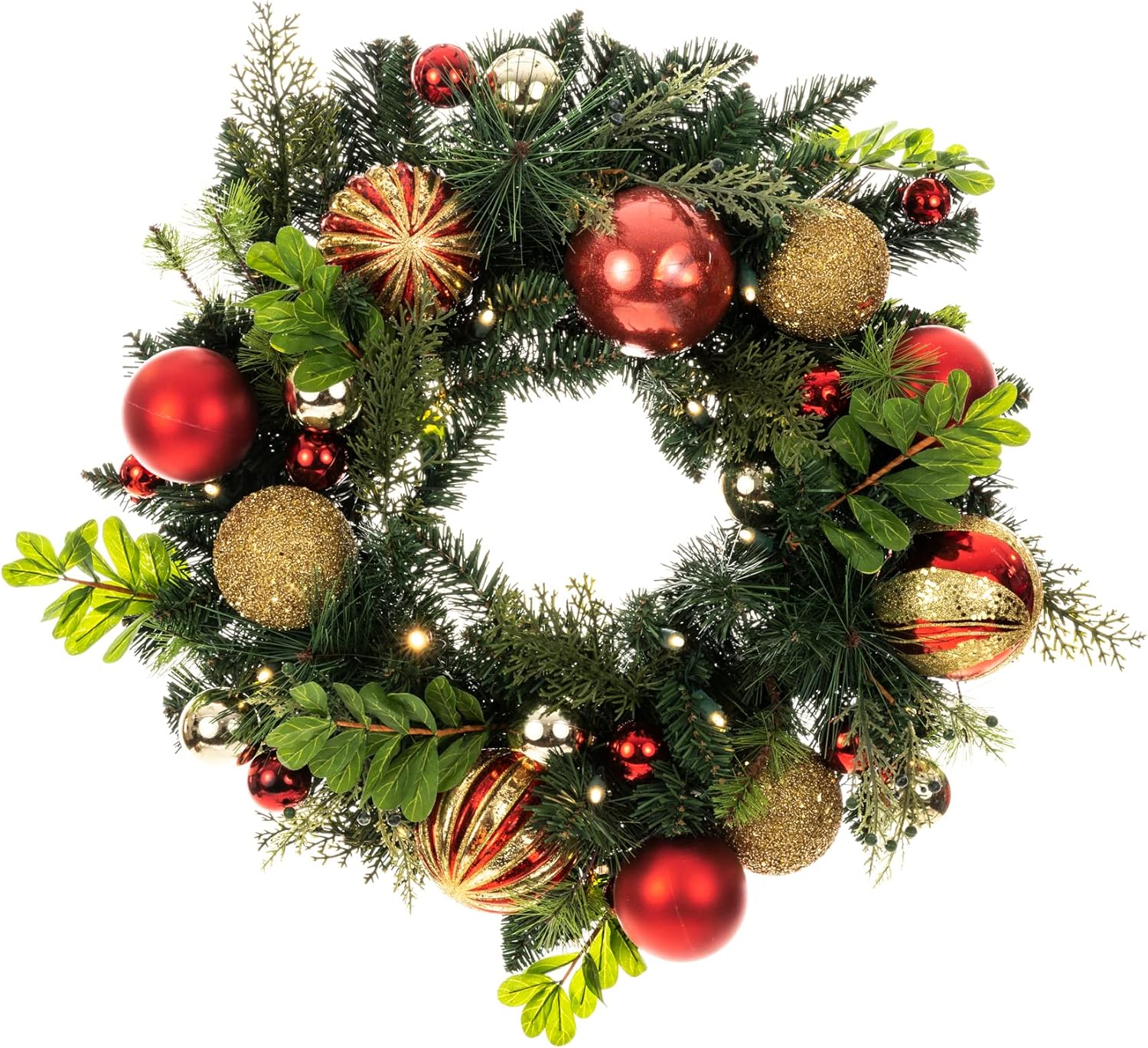 [24 Inch Artificial Christmas Wreath] - Christmas Classic Collection - Red and Gold Decoration - Pre Lit with 35 Warm Clear LED Mini Lights - Includes Remote Controlled Battery Powered Timer