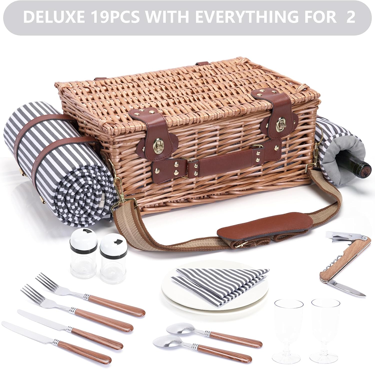 Picnic Basket with Blanket and Wine Pouch for 2 Wicker Picnic Set with Insulated Liner Cooler Bag Hamper for Camping,Wedding - Stripes - Image 3