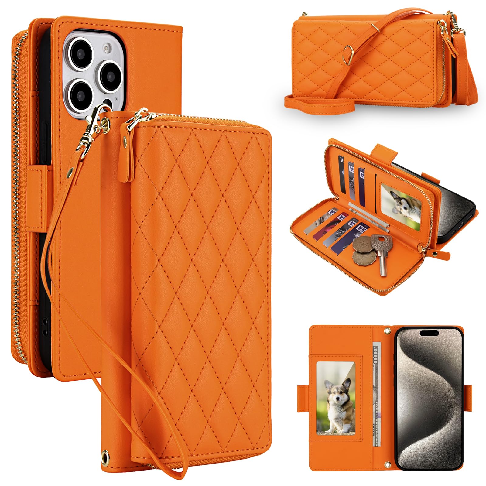 Étui portefeuille iPhone 14 Pro orange avec 8 fentes cartes et zip RFID - 8