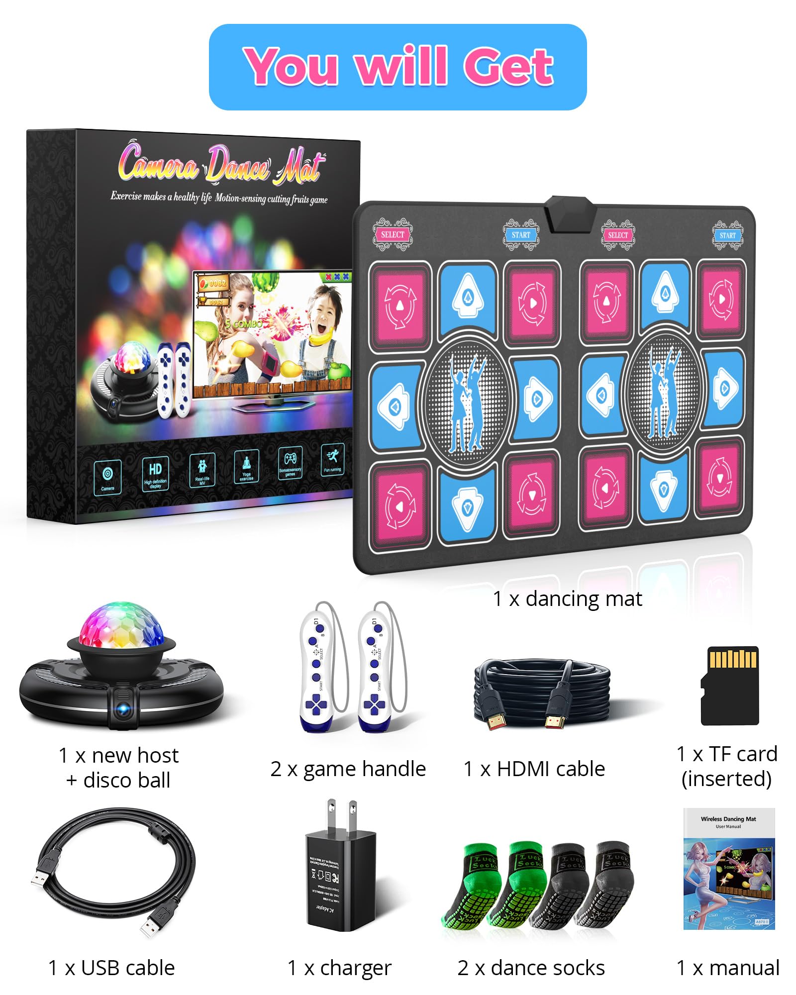 Tapis de Danse Électronique Double avec Caméra 3D et Manettes sans Fil 150+ Chansons 70+ Jeux de Rythme pour Enfants Adultes Fitness