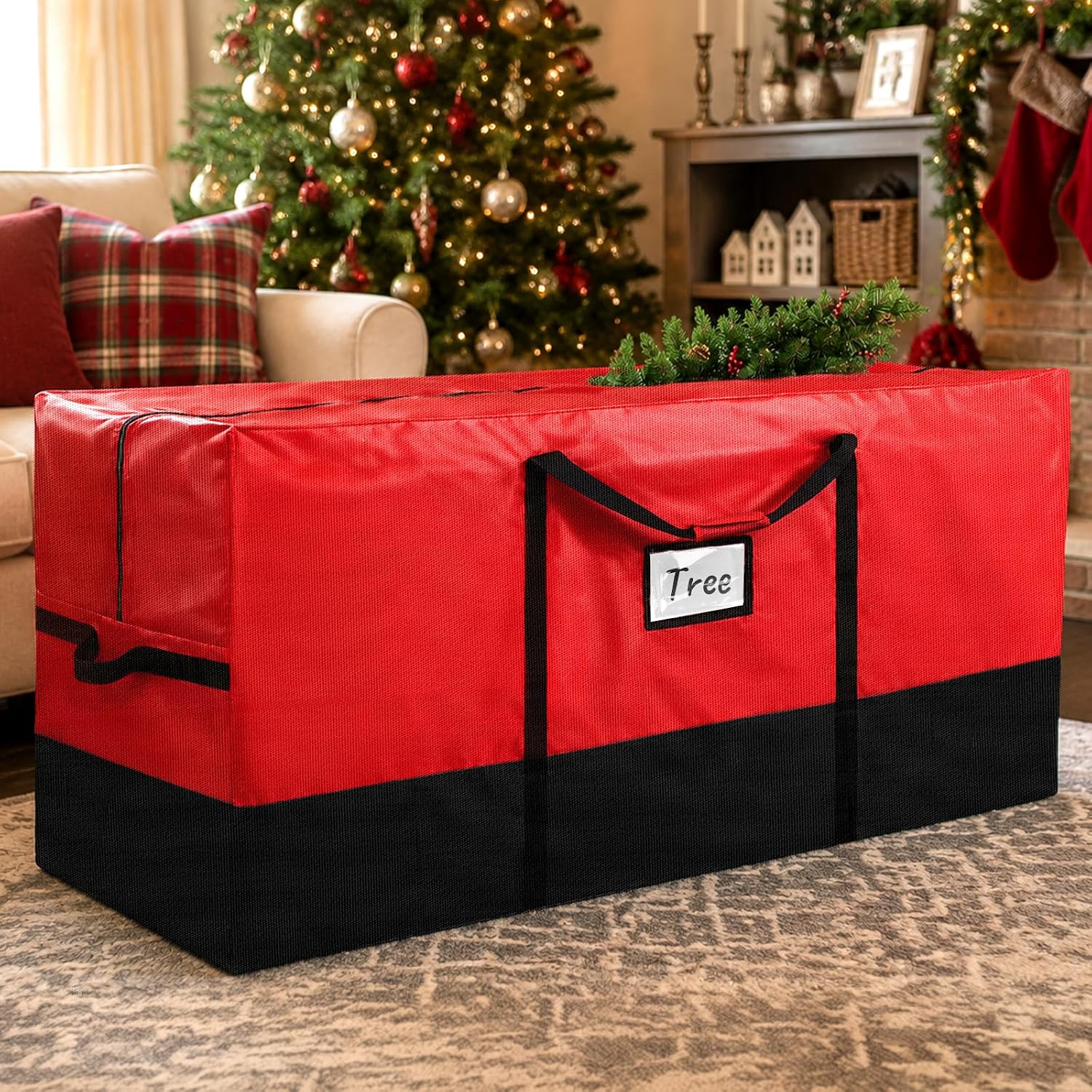 Christmas Tree Storage Bag, Extra Large Moving Bags Fits Up to 10FT Artificial Trees, Waterproof Xmas Decora Storage with Double Zippers, Reinforced Handles, Clear Card Slot, Red-Black