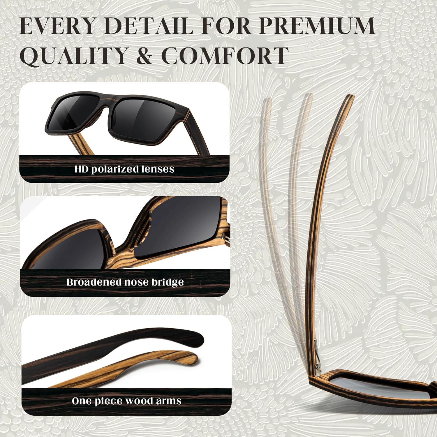 SUNGAIT Ebony Zebra Wood Sunglasses for Men Rectangular All-wood Frame Polarized Lens with Hard Gift Case