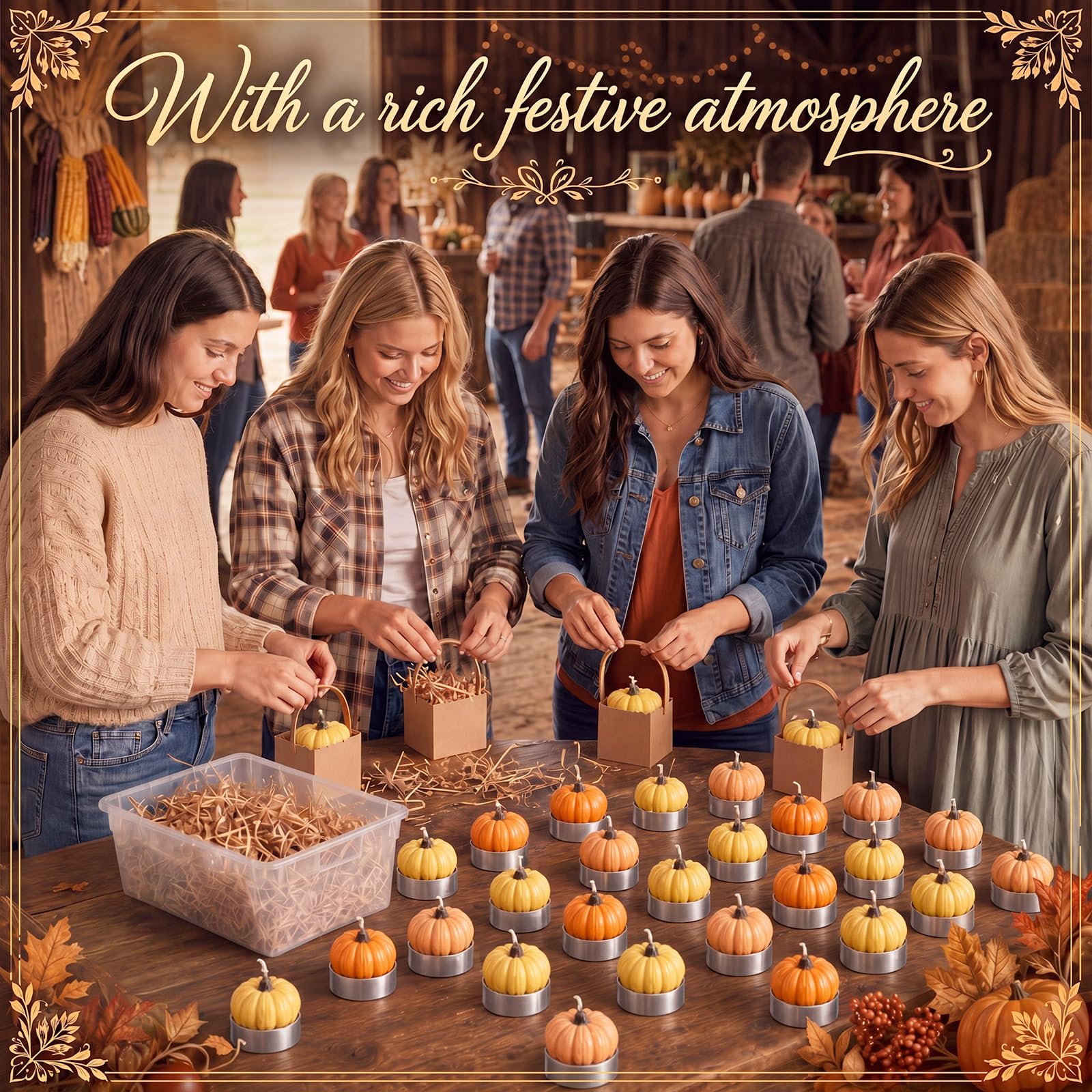 MTLEE Juego de 24 velas con forma de calabaza de otoño con bolsas de papel kraft y relleno de rafia, vela de cera de soja y calabaza naranja, regalo de Acción de Gracias, Halloween, para mujeres