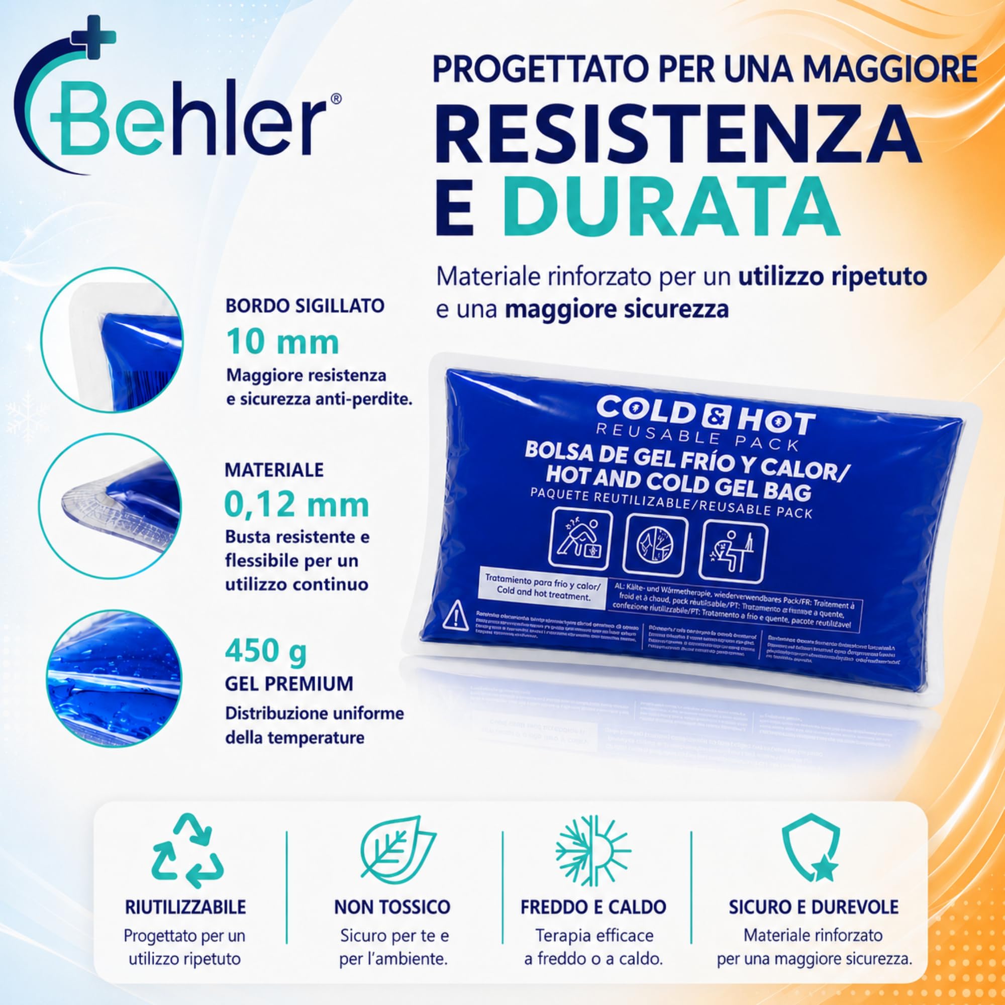 2 Ghiaccio Gel Riutilizzabile (26 x 15 cm) - Compressa fredda calda, Include 1 Copertura Multiposizione in Tessuto con Fascia di Compressione- Terapie caldo/freddo - Adatto per Microonde