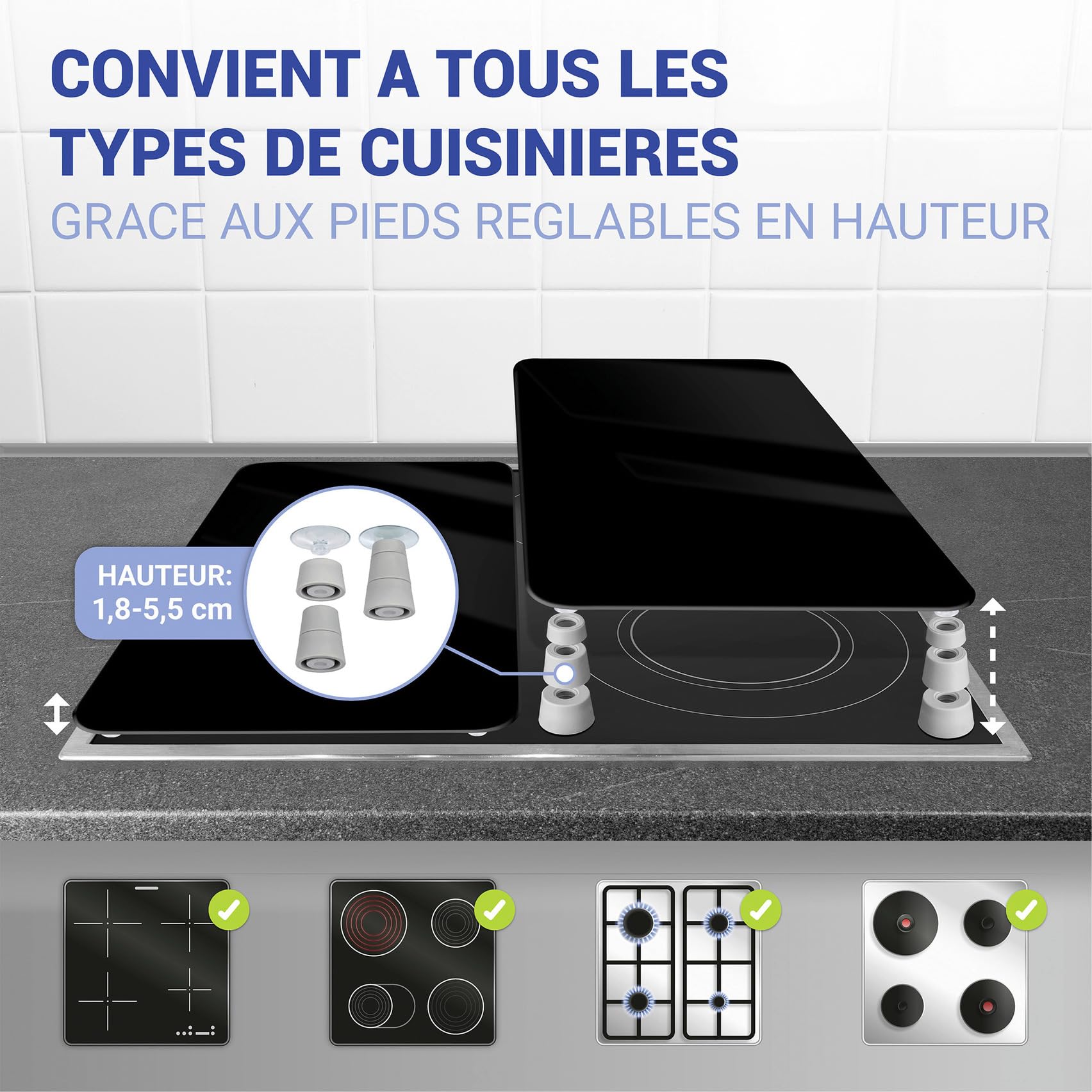 WENKO Plaque de Recouvrement Universelle Mod. Noir, réglable en Hauteur pour Tout Type de cuisinière, Planche à découper et Protection Anti-éclaboussures, Verre, 30 x 52 cm, 2 pièces