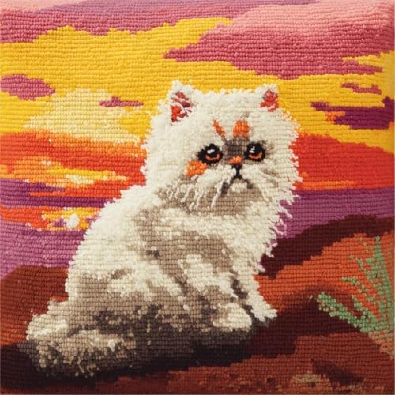 kitphoenix DIY Latch Hook Cushion Kit Persian Cat Sit and Sunset,Beginner-Friendly Rug Hooking Pillow Kit,Crochet Craft Cushion Cover for Home Decor,43x43 cm-2