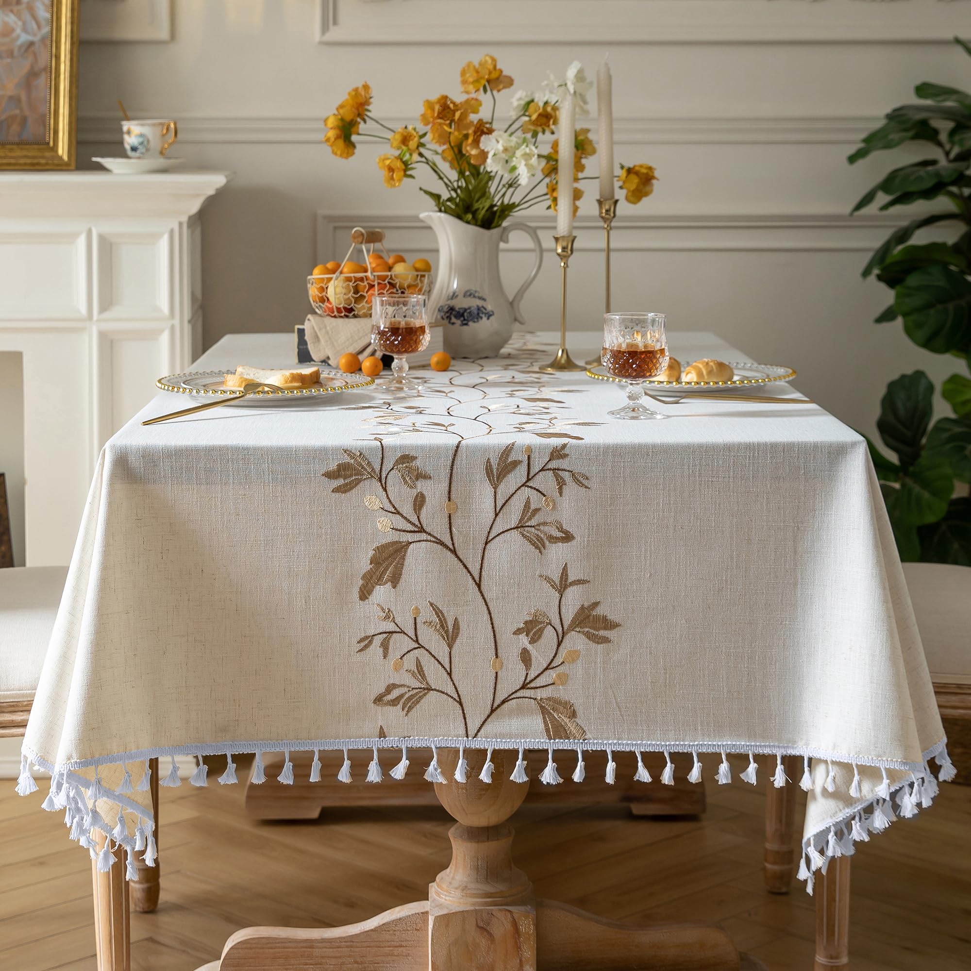 Oubonun Rectangle Tablecloth Cotton Linen Water Resistant 140x259cm