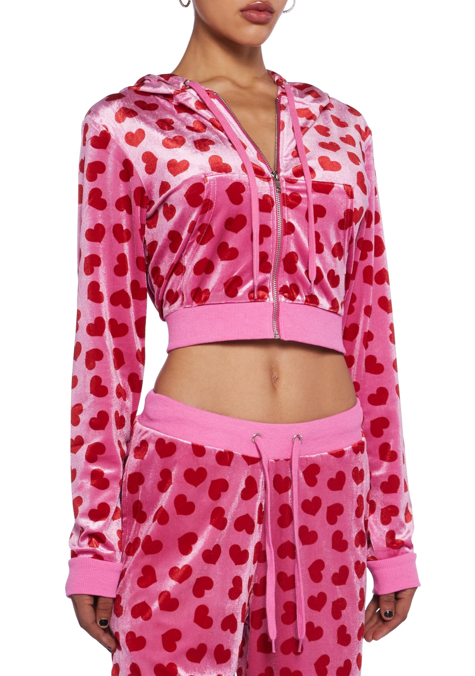 Dolls Kill Loyal Maneater Velour Track Jacket by Sugar Thrillz – Cropped Heart Print Zip-Up Jacket: Pink Small