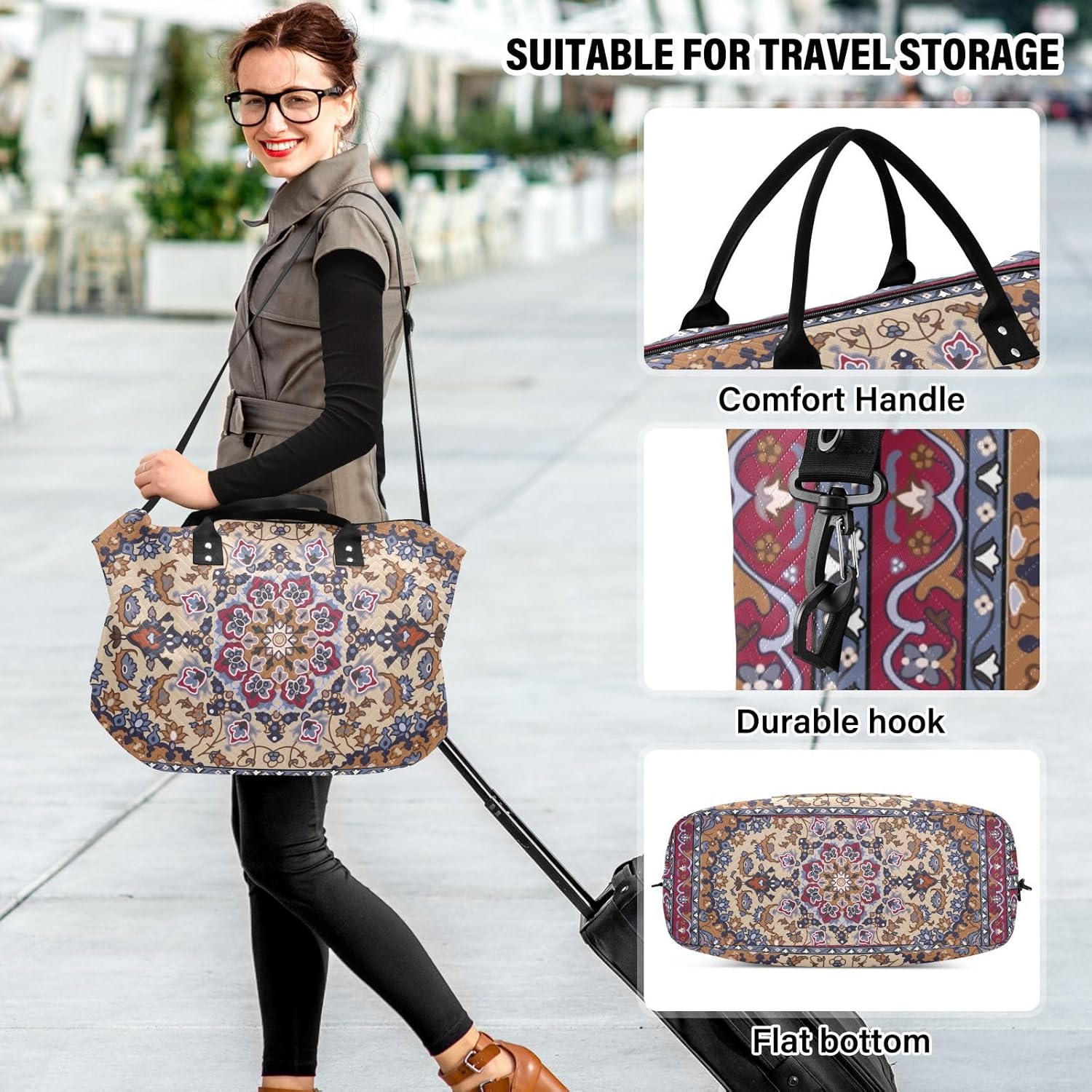 Aflyko Travel Duffel Persian Carpet Tribal Mandala Sport Tote Gym Weekender Overnight for Men Women Flight Approved Carry On Fitness Dance Go-To Daily, Medium - Image 6