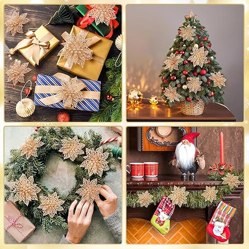Miniatura 8 de Naler 24 Pieces Christmas Glitter Poinsettia Flowers Artificial Xmas Flowers for Christmas Tree Wreaths Wedding Ornaments, Gold, 346 Inch