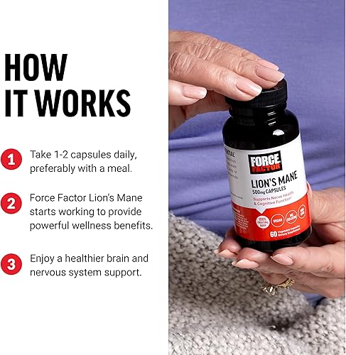 Miniatura 4 de Force Factor Cápsulas de suplemento de melena de león, suplemento de memoria y enfoque, apoya la salud nerviosa y la función cognitiva, fabricado