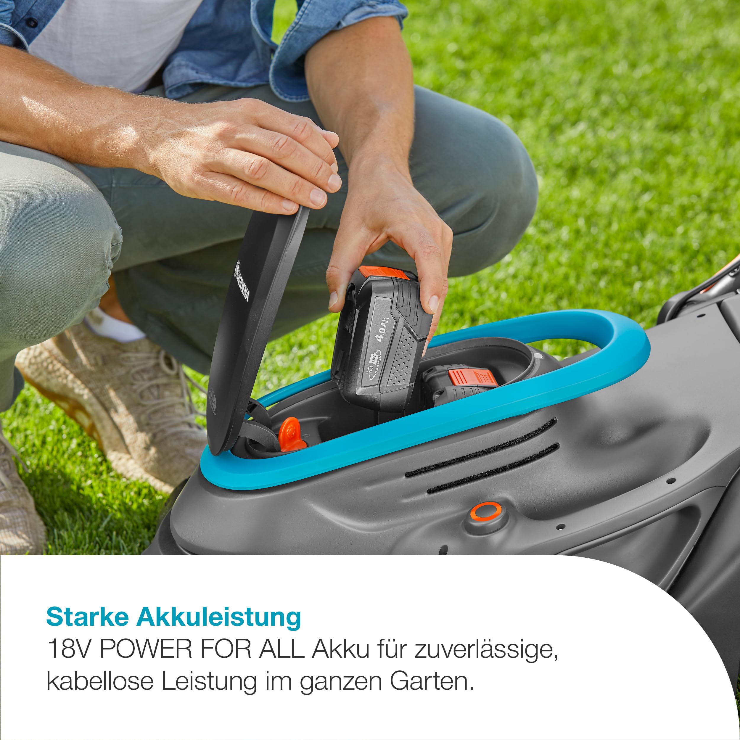 Gardena Akku-Rasenmäher PowerMax 37/36V P4A Ready-to-Use Set: 37 cm Schnittbreite, 45 l Fangkorb, Ergonomisch, Höhenverstellung, Kabellos (14638-20)