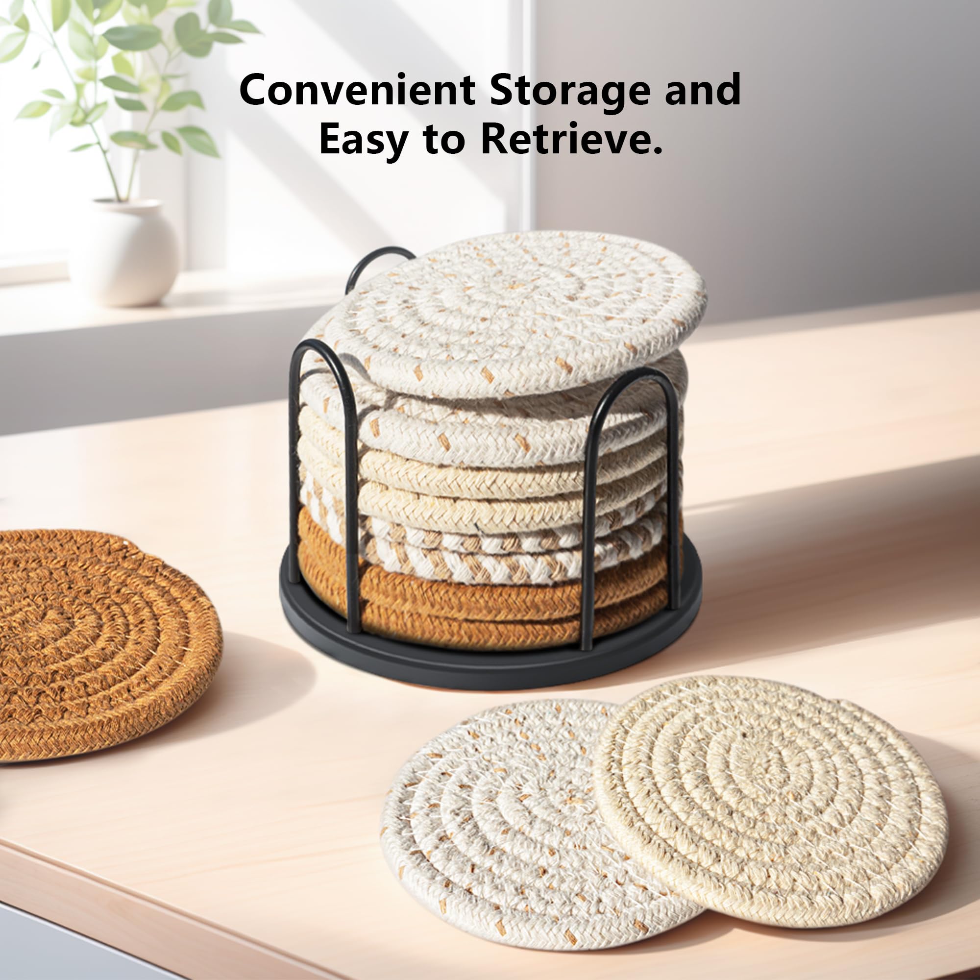 Juego de 8 posavasos para bebidas, cerveza, café, algodón tejido de 4 colores, posavasos absorbentes con soporte, posavasos bohemios para decoración del hogar, protección de mesa, adecuados 5