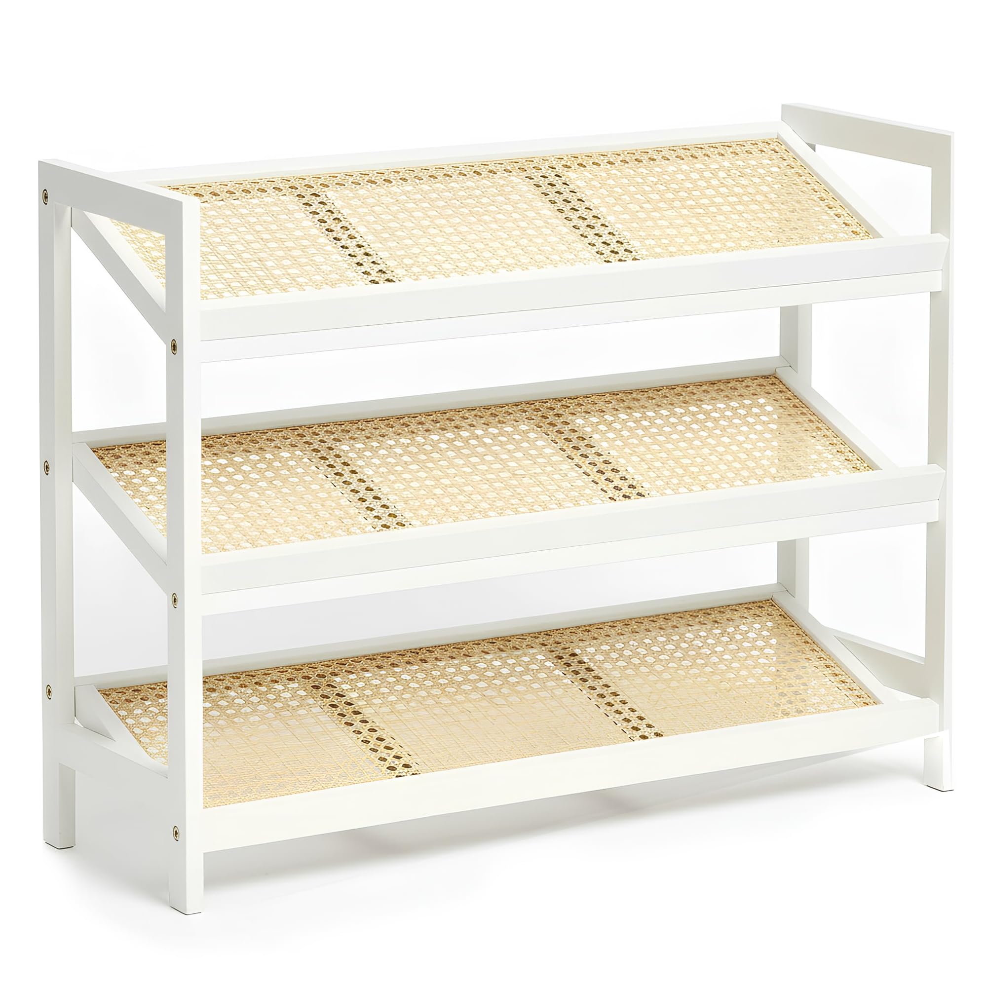 KEPLIN 3 Tier Bamboo and Rattan Shoe Organiser Rack – Eco-Friendly, Durable, Easy Assembly – Compact Design for Entryway, Closet, or Hallway – Stylish and Functional Storage – White and Natural