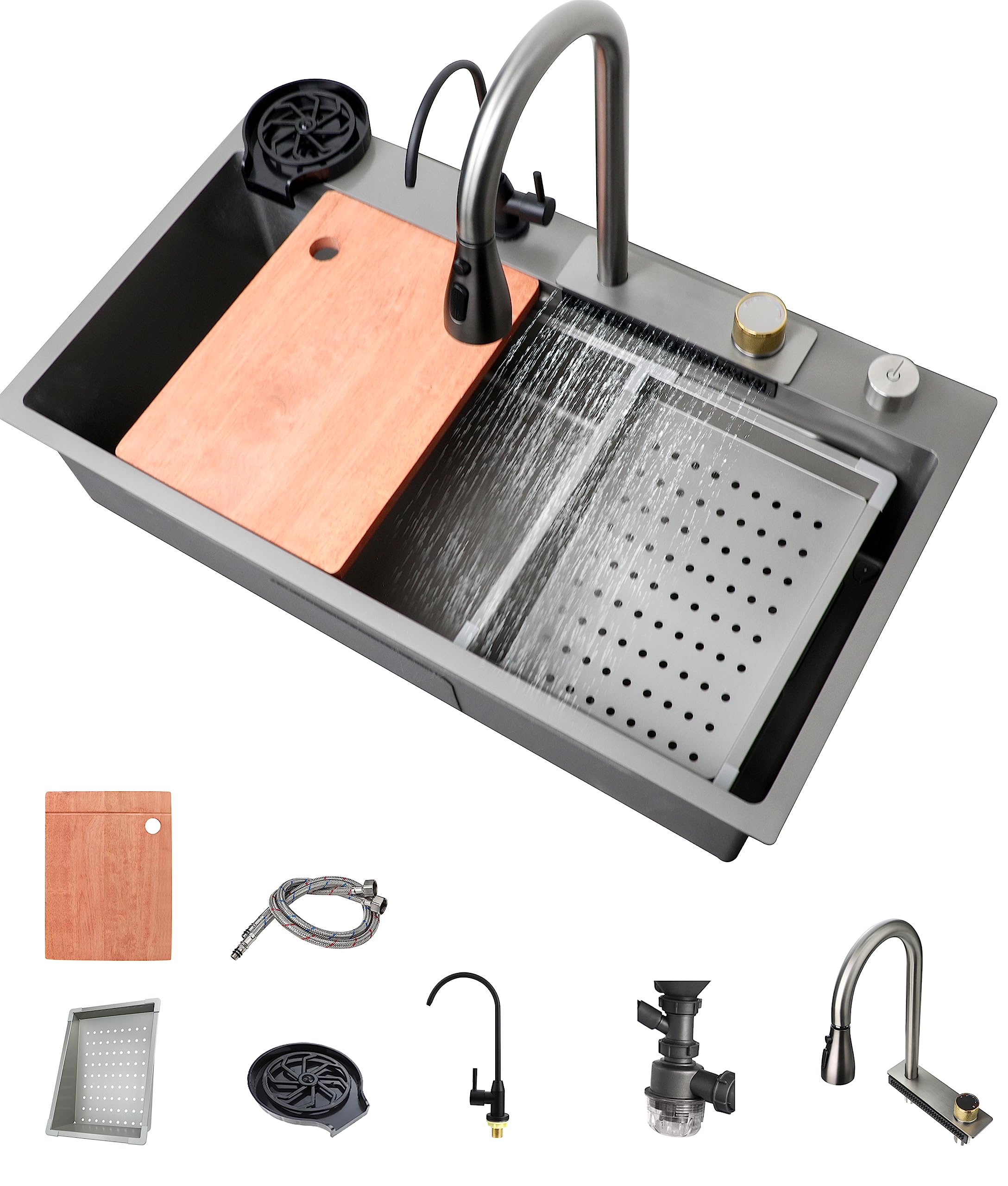 Anrain Nano Kitchen Sink with Waterfall, SUS304 Stainless Steel Modern Kitchen Sink with Pull-Out Faucet+Glass Rinser+Countertop Control, 31.5x18x8.7 Inch/80×46×20cm, Black Grey, Drop-in/Undermount