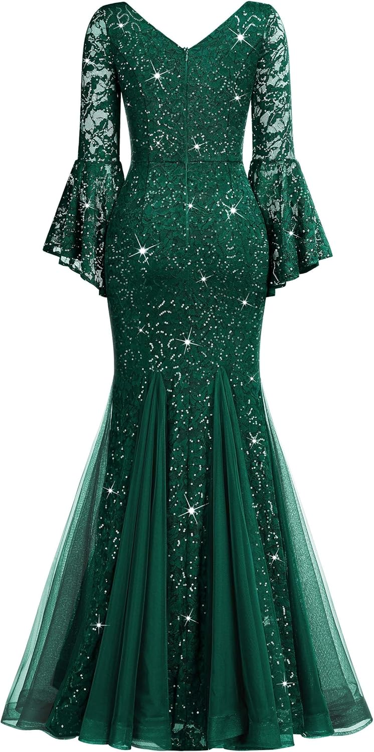 Miusol Women's Deep V Neck Sequin Lace Mesh Tulle Hem Formal Evening Maxi Dress - Image 6