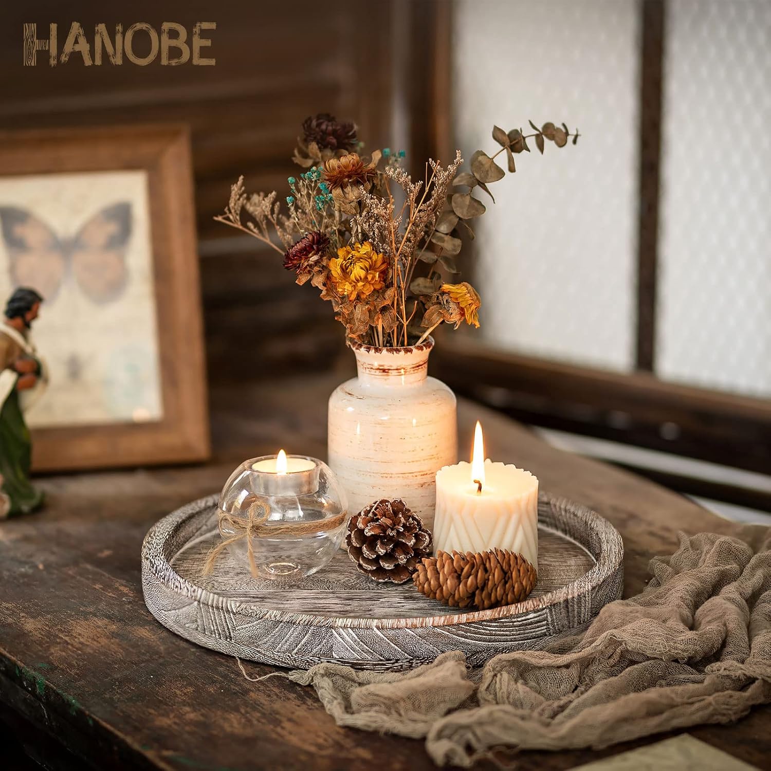 Hanobe Round Wood Candle Tray