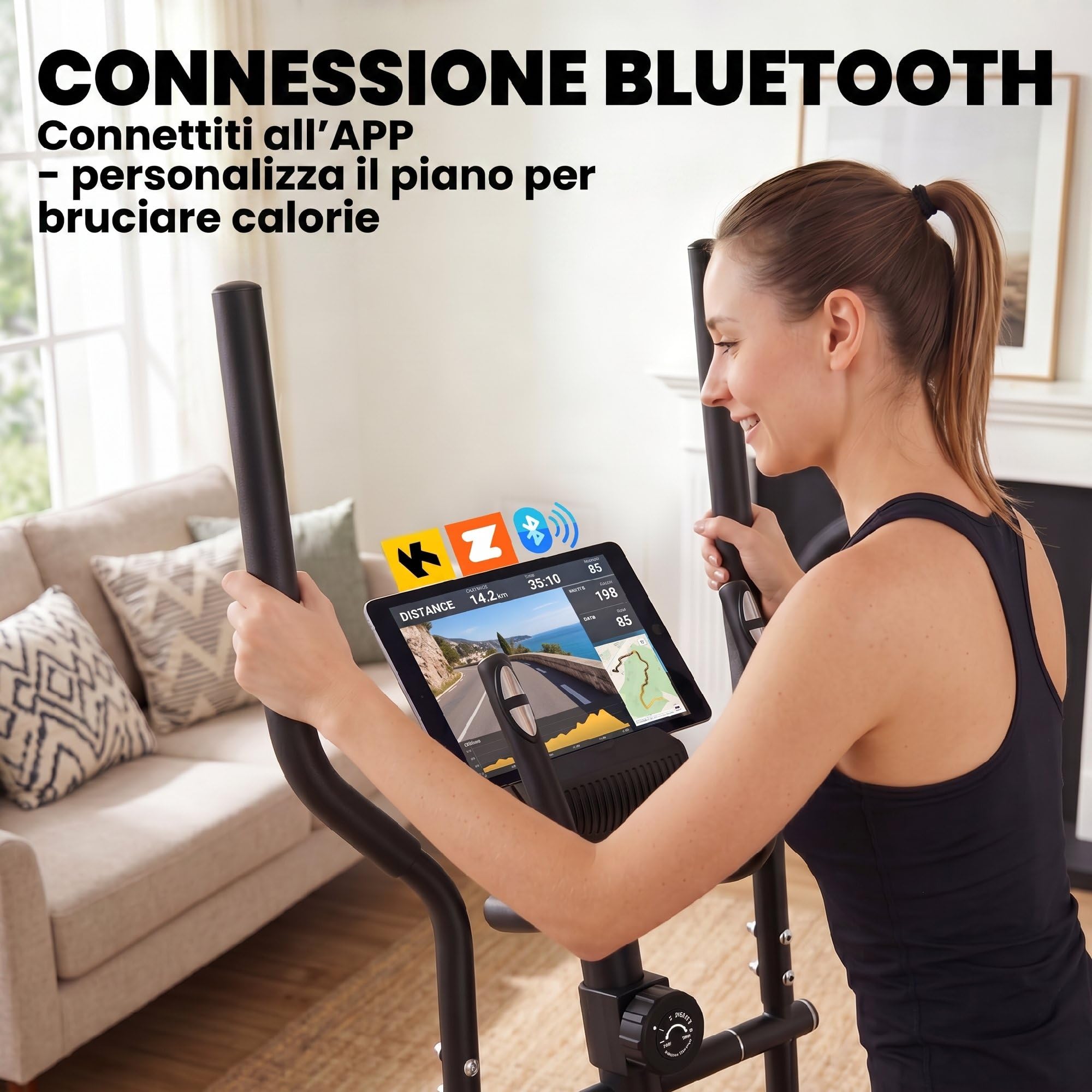 SPORTNOW Ellittica da Casa, Cyclette Ellittica Magnetica Silenziosa con 8 Livelli di Resistenza, App Bluetooth, Sensore di Pulsazioni, Monitor LCD, Pedali Antiscivolo, Portatelefono, Ruote, Max 120kg