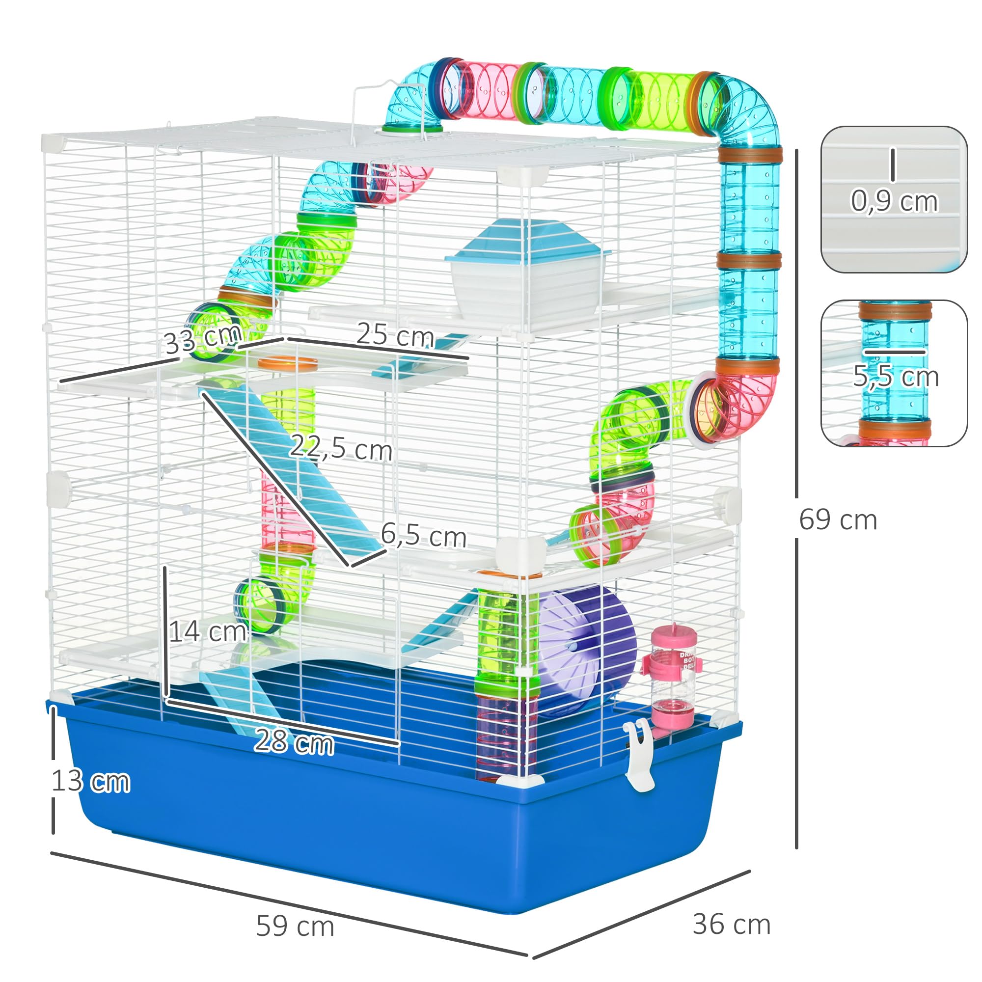 PawHut Jaula para Hámster 59x36x69 cm Casa para Animales Pequeños con Túnel Plataformas Cuenco Bebedero Casita Rampas y Rueda de Ejercicio Azul