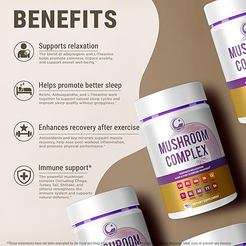 Miniatura 3 de Cápsulas de suplemento de hongos nocturnos con melena de león, hongo reishi, cola de pavo, chaga, ashwagandha, L-teanina, vitaminas y minerales,