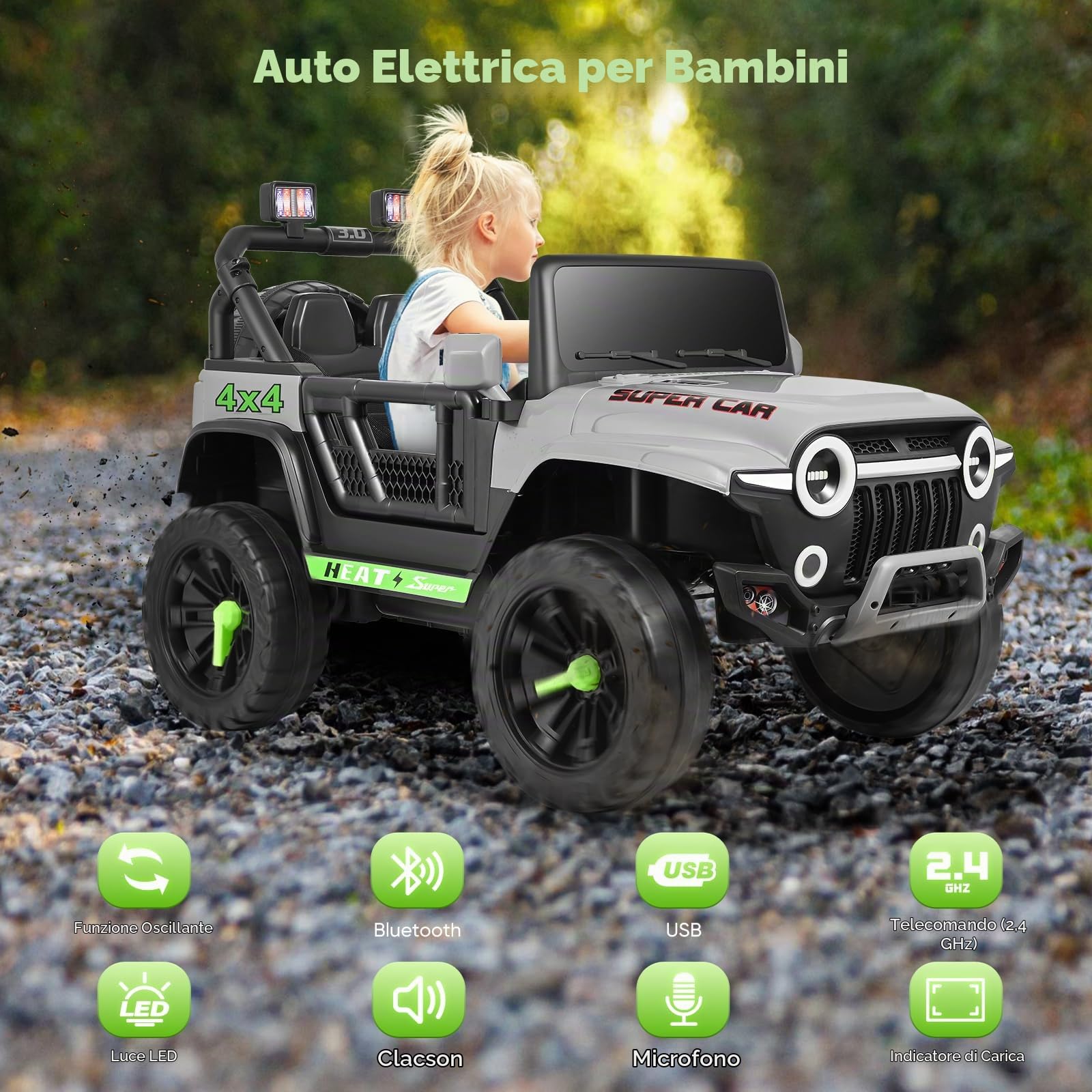Macchina Elettrica Per Bambini 12 V,telecomando per genitori,motori gemelli da 35 W,velocità massima di 5,2 km/h,lettore musicale, sospensioni a 4 ruote, luci a LED,cintura di sicurezza（Grigio）