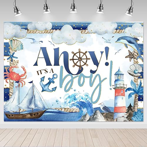 Mocsicka Ahoy Boy Baby Shower Backdrop Nautical Party Decorations Ocean Ship Anchor Coral Seashell Photography Background (7x5ft)