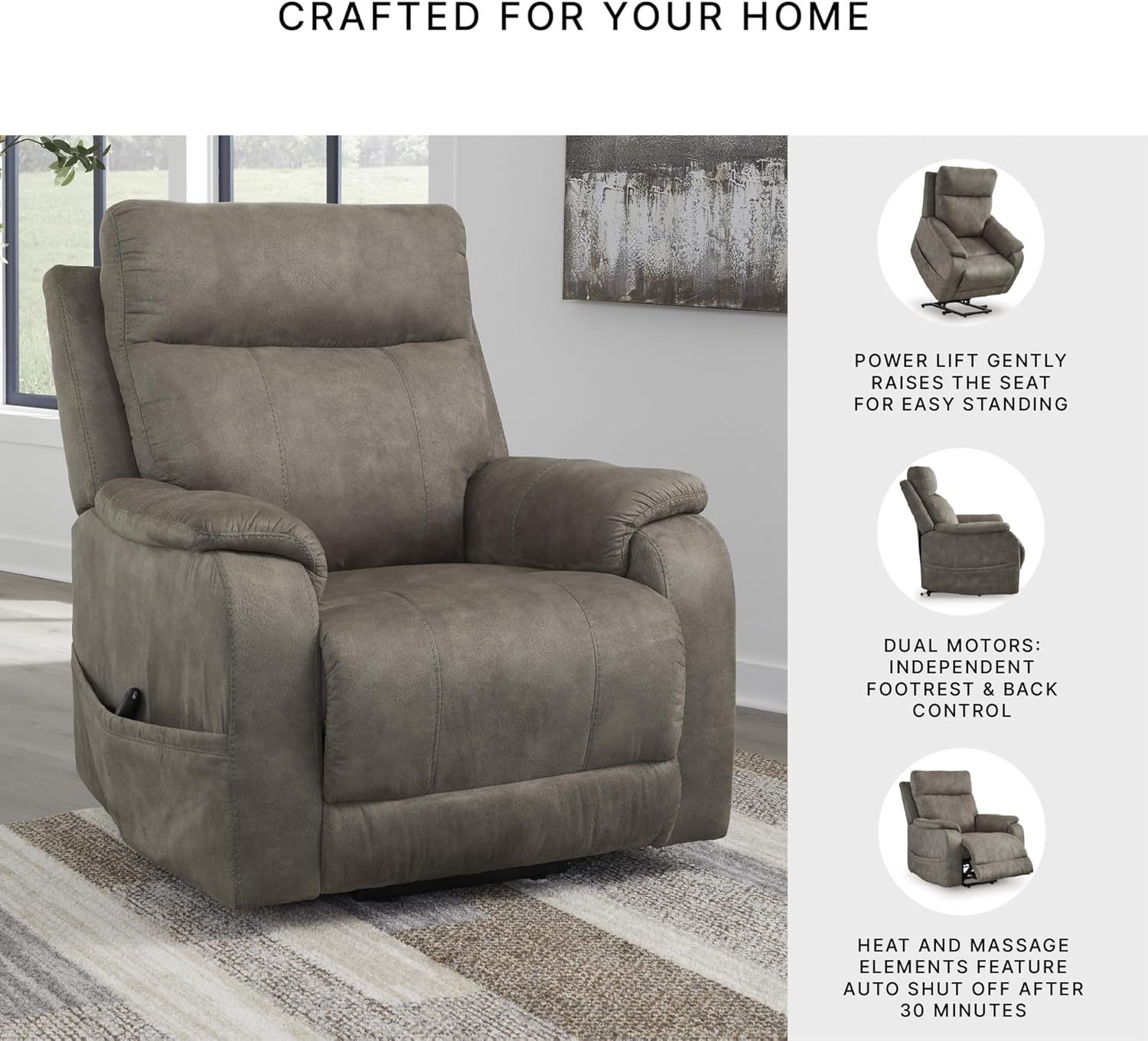 Signature Design by Ashley Crestmeade Modern Dual Motor Power Lift Recliner with Adjustable Backrest, USB Ports, Heat and Massage Function, Light Brown