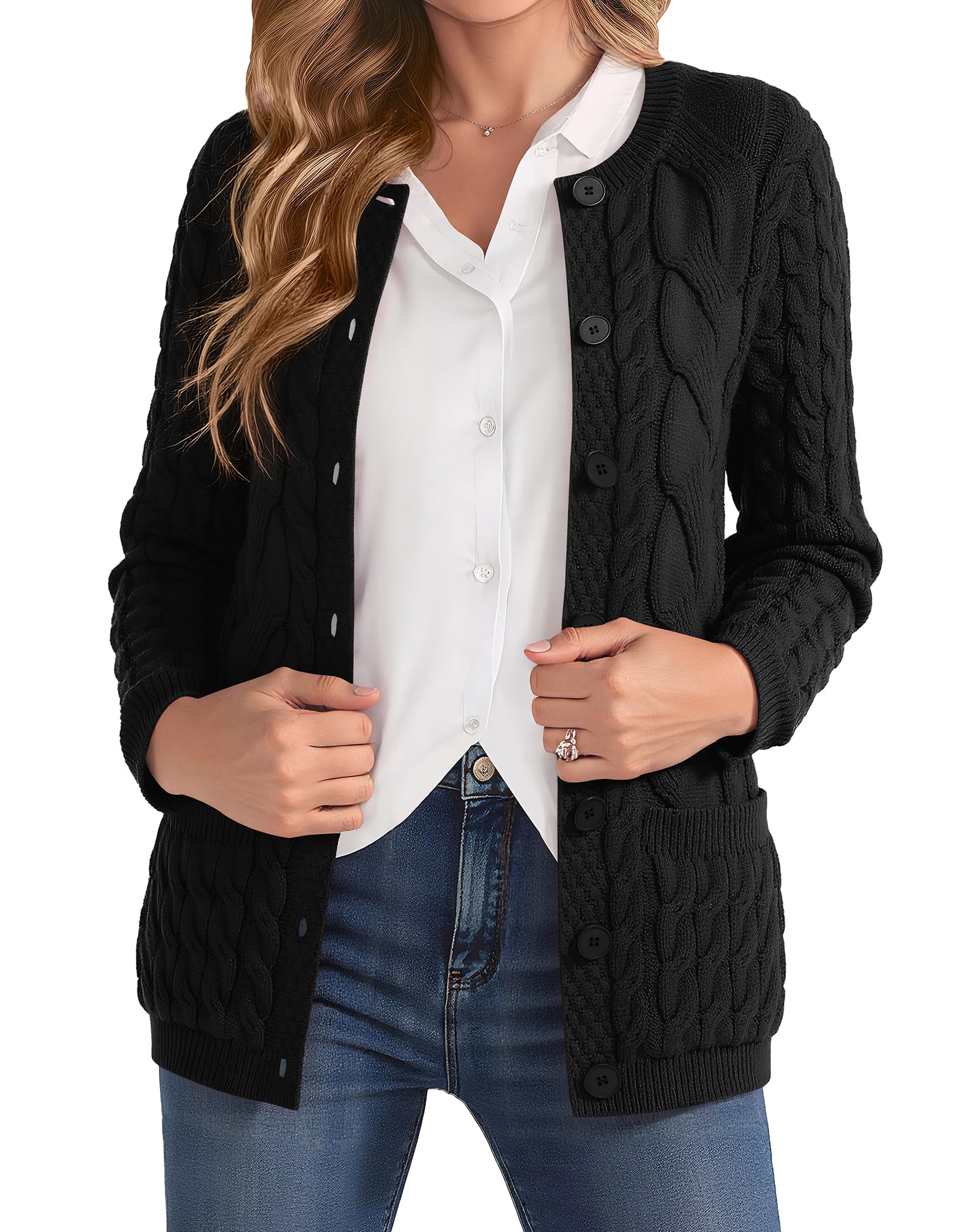 VIISHOW Women Cable Knit Cardigan Sweater Crew Neck Button up Cardigan with Pocket Sweater Coat for Fall and