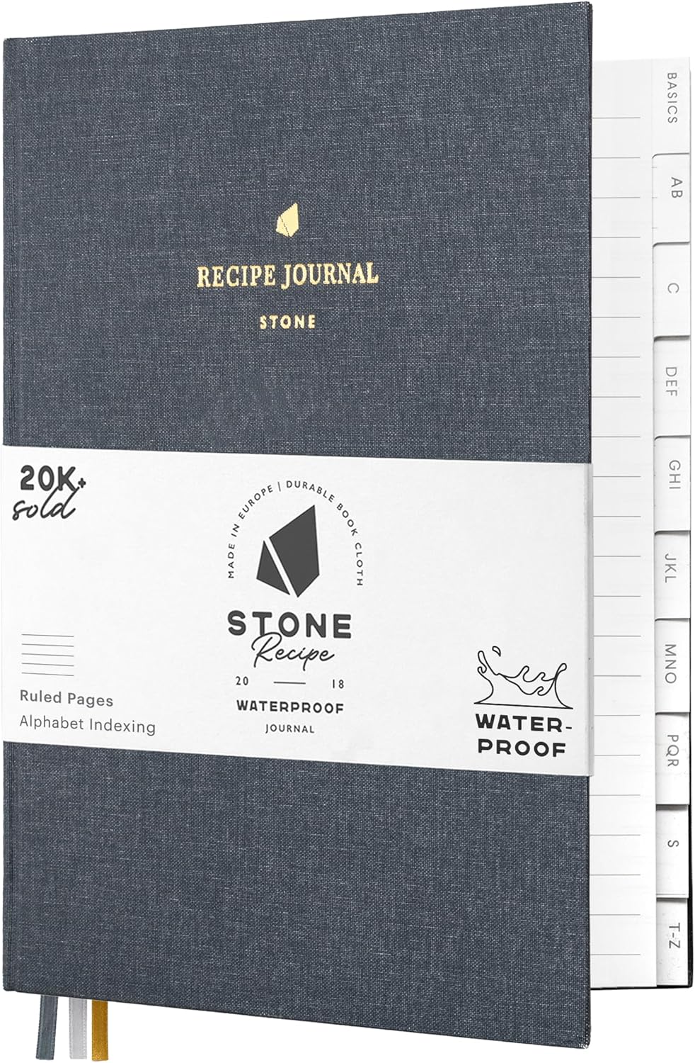 Stone Recipe Journal – 25 x 19 cm Waterproof Paper, 192 Lined Pages with A–Z Index, Conversions & Seasonal Produce, Durable Cotton Cloth Hardcover, Eco-Friendly Kitchen Notebook