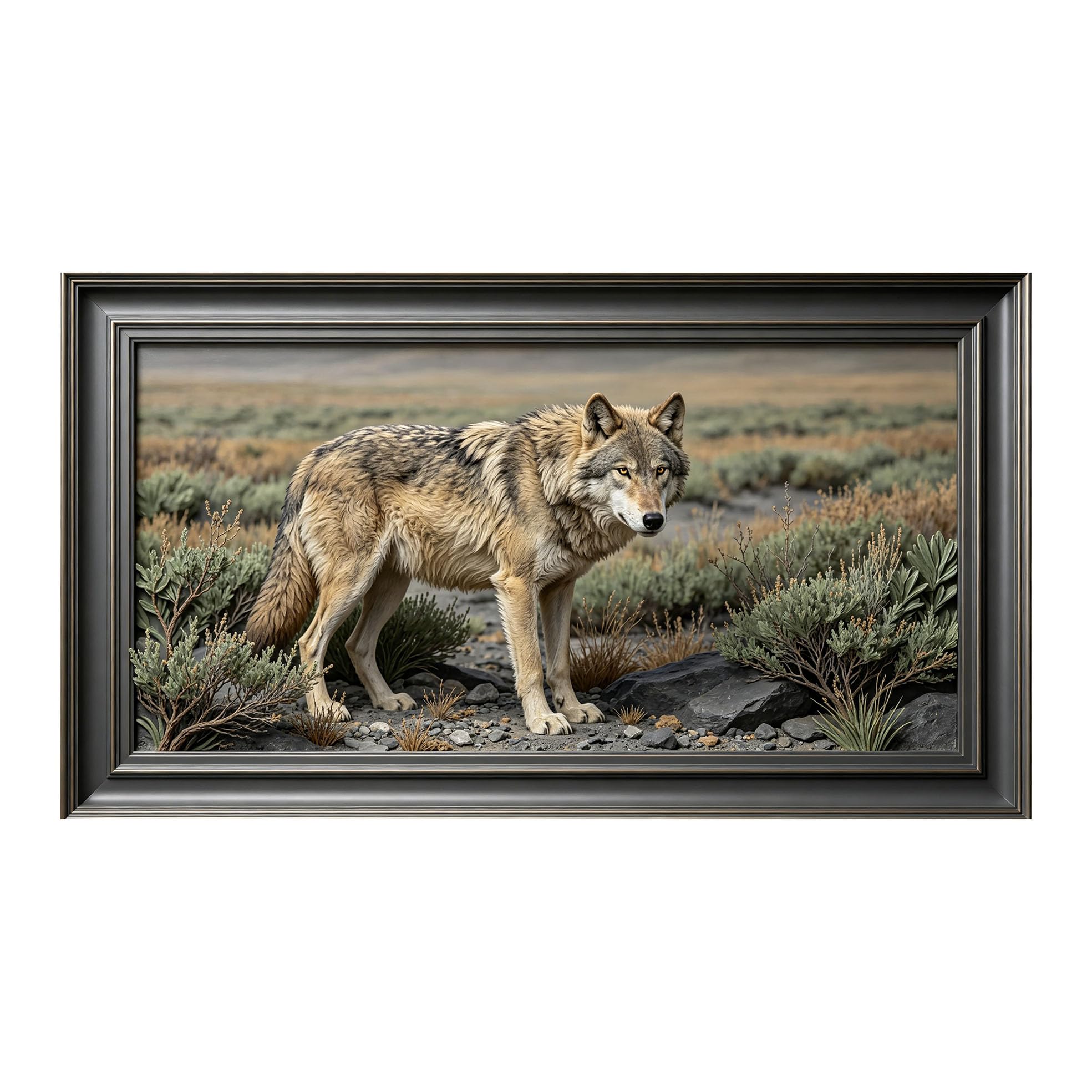 Murasolite 3D Framed Wall Art Wilderness Wolf Landscape Realistic Oil Painting SelfAdhesive Fabric Mural Wall Decor， Peel and Stick No Damage to Wall， AntiFall Safe Design for Bedroom Living Room