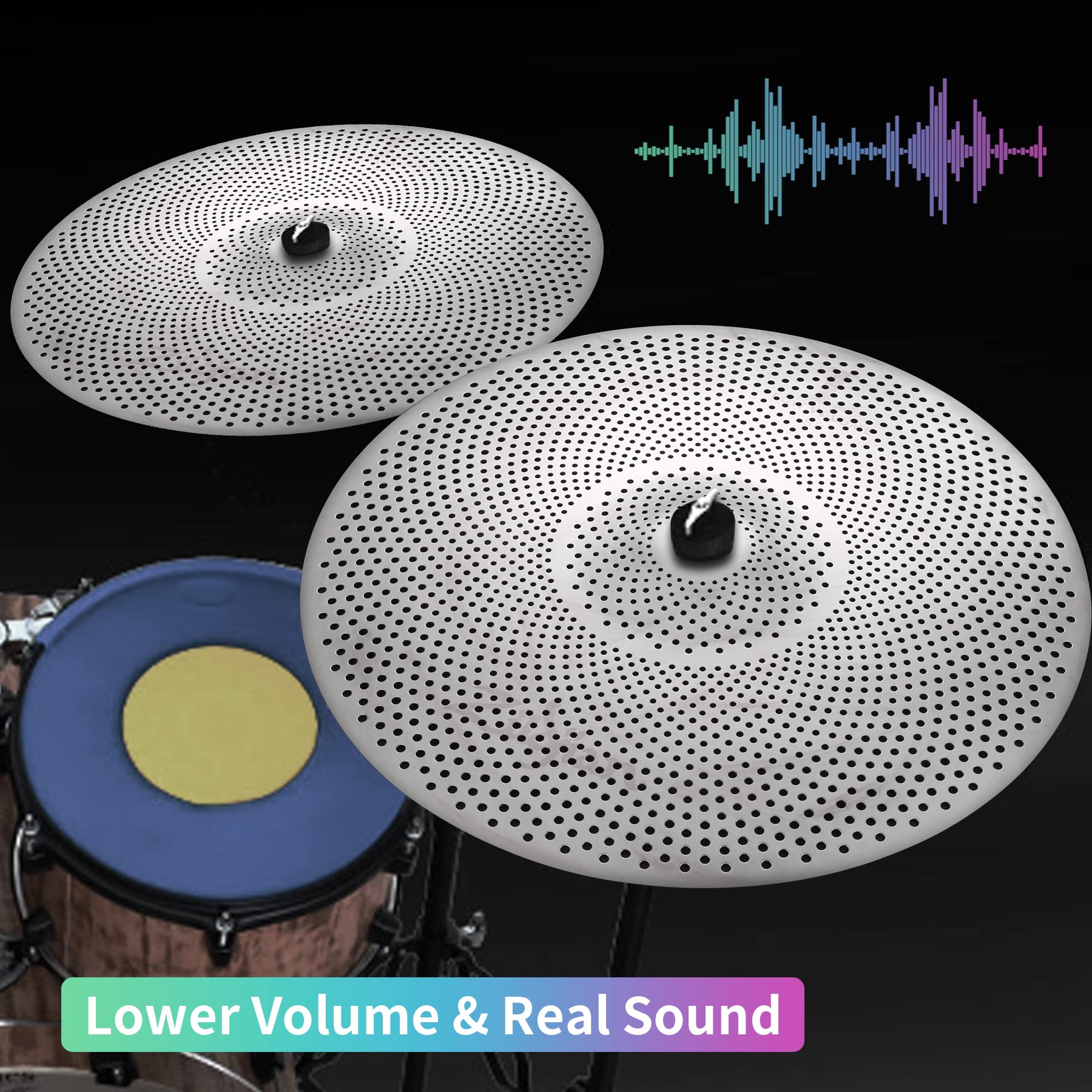 Drum Set Adult Rhythm Bytes Low Volume Cymbal Pack With Drum Silencer Pads, 12pcs, Cymbals Set - 14/16/18/20, Drum Mute Pads - 10/12/13/14/16, 1 Bass Mute, Free Carry Bag, SILVER Drum Pad