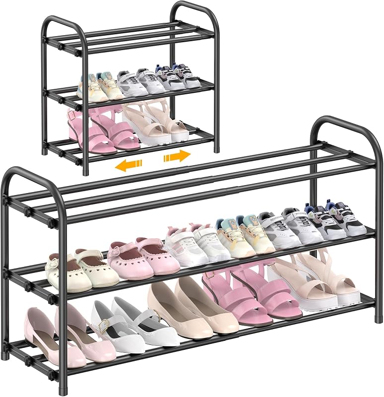 3-Tier Metal Expandable Shoe Rack for Closet and Entryway Black | Adjustable Shoe Organizer for Closet,Living Room,Dorm,Garage,Fits Small Spaces, Apartments and Rentals