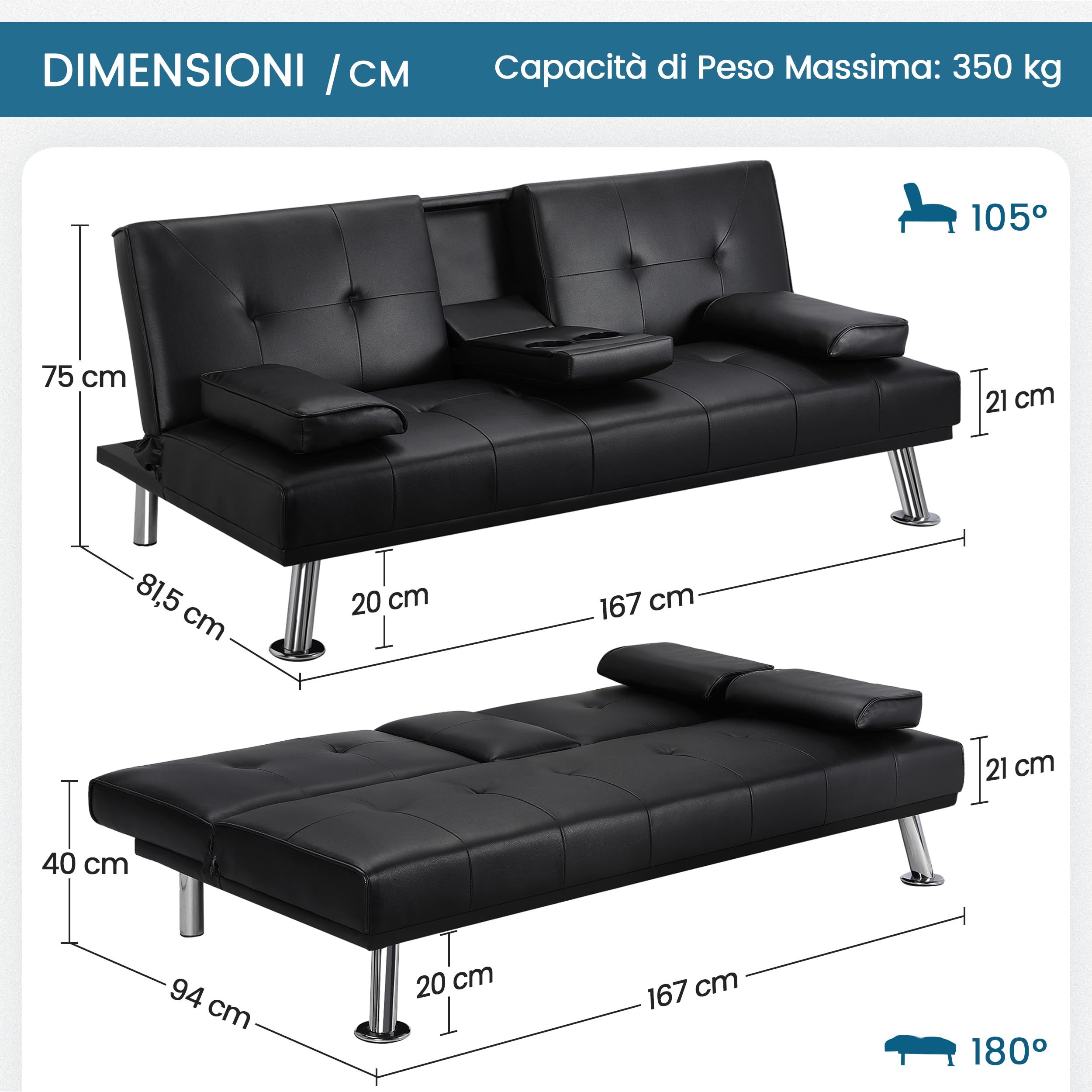 Yaheetech Divano Letto con 2 Braccioli Staccabili Divano Trasformabile Mobile Imbottito a 3 Posti Divanetto Reclinabile da Salotto con Supporto Centrale Porta Bicchieri Nero/Finta Pelle