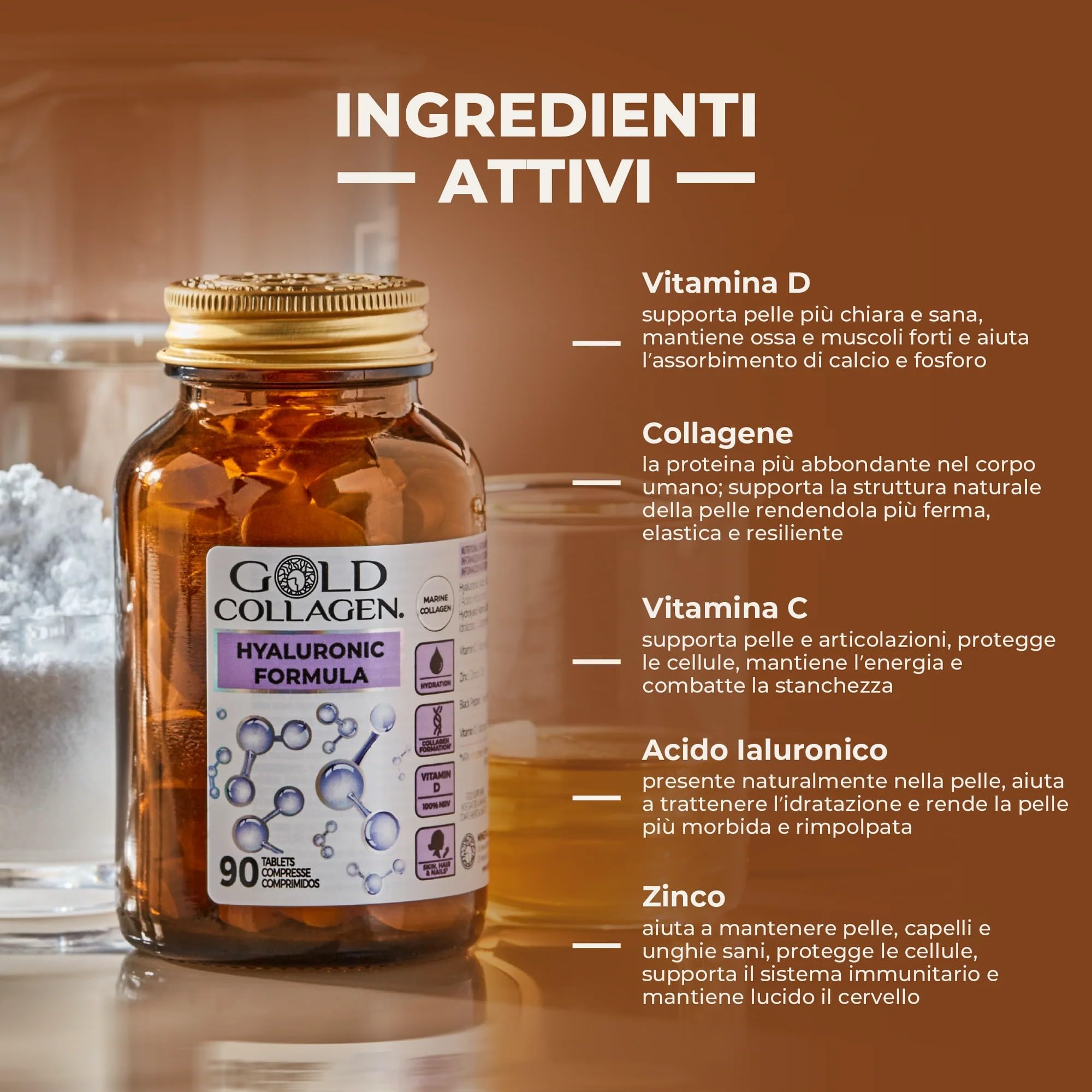 GOLD COLLAGEN Hyaluronic Formula - Collagene Marino con Acido Ialuronico, Vitamina C e D, Zinco, Integratori per Capelli Pelle, Unghie e Articolazioni - 90 Compresse
