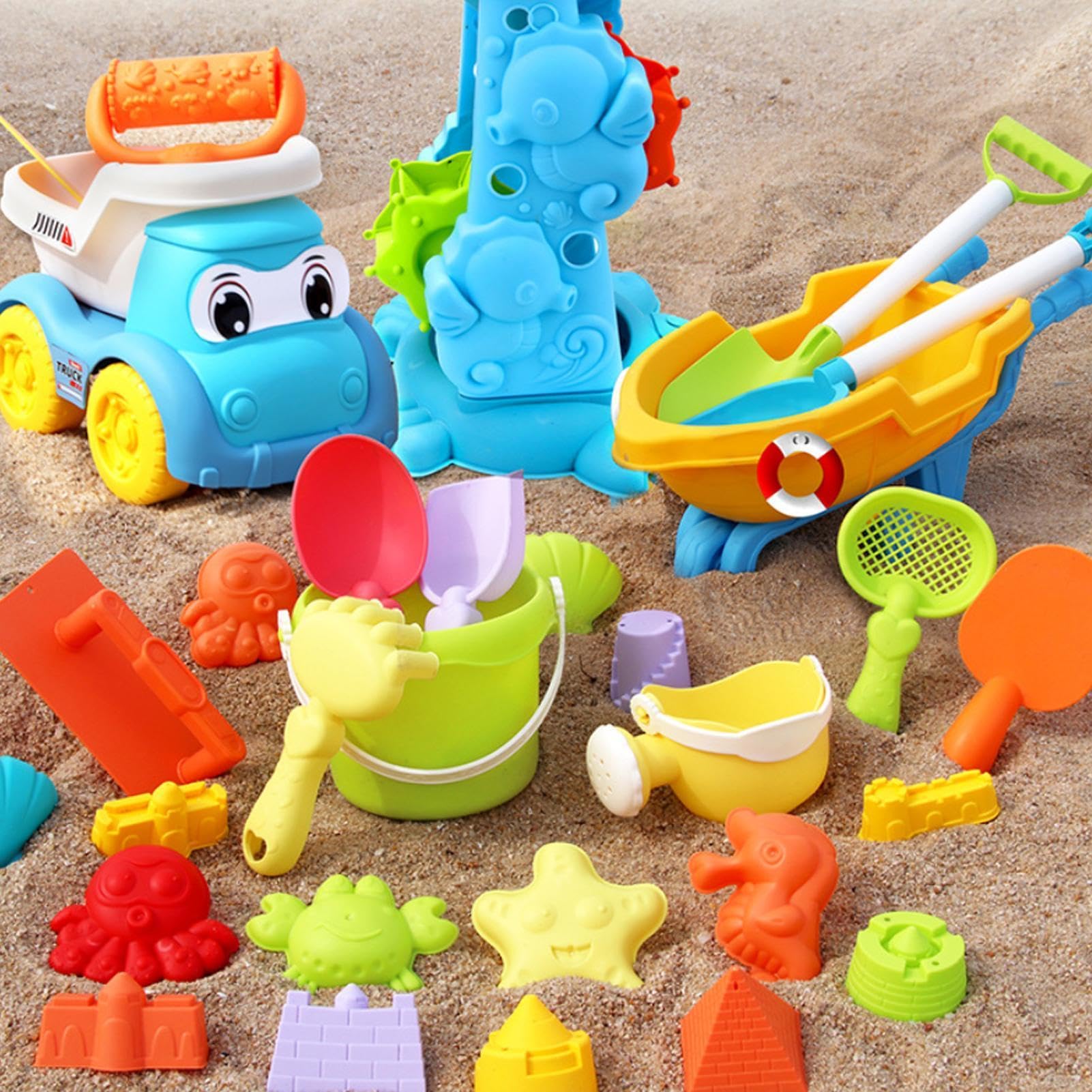 Giochi Spiaggia Bambini 30 Pezzi Giocattoli di Sabbia con Ruota idraulica, Camion, Secchiello e Formine Sabbia, Set Mare Bambini in Plasti ABS, Idee Regalo Estivo per Giardino e Giochi Esterni