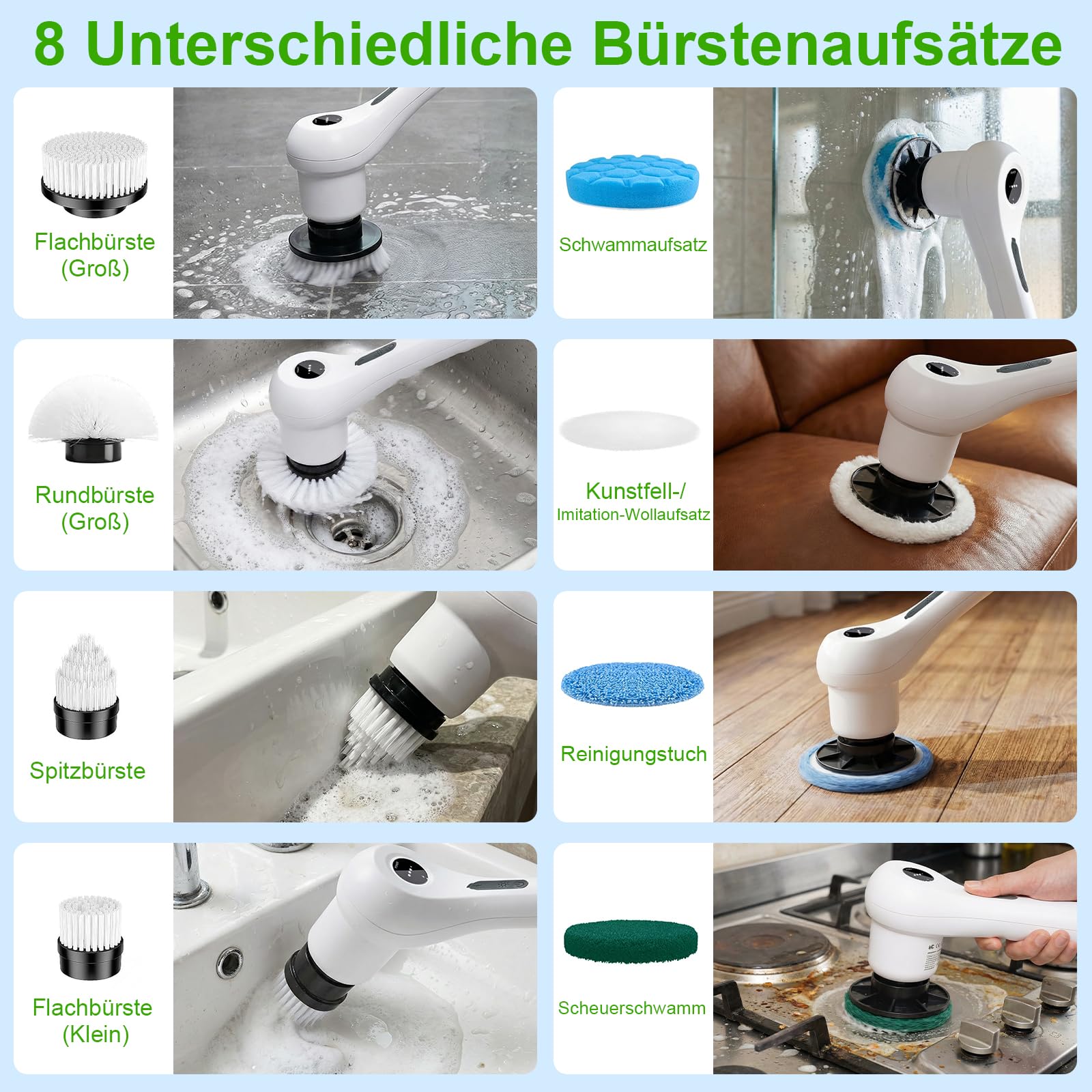 Elektrische Reinigungsbürste, 8 in 1 Putzbürste Elektrisch, Electric Cleaning Brush IPX7 Wasserdichter mit Austauschbaren Bohrbürstenköpfen und Verstellbarem Griff für Badezimmer, Fliesen, Küchenherd