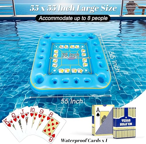 Miniatura 2 de Elcoho Mesa de juego inflable extra grande de 55 x 55 pulgadas con naipes impermeables, mesa de billar flotante, soporte para bebidas, bandeja