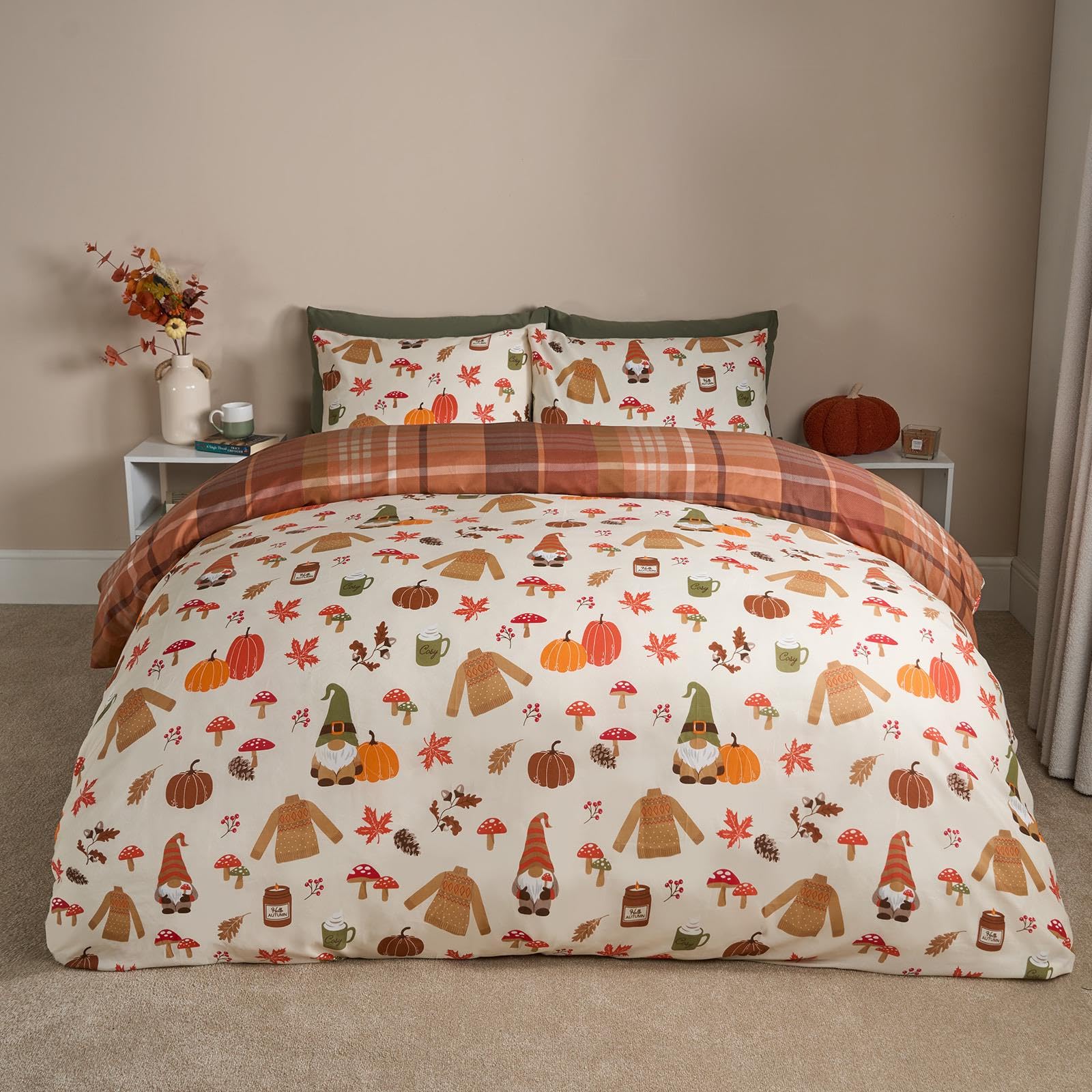 OHS Autumn Gonk Reversible Check Duvet Cover Set With Pillowcase from B&Q