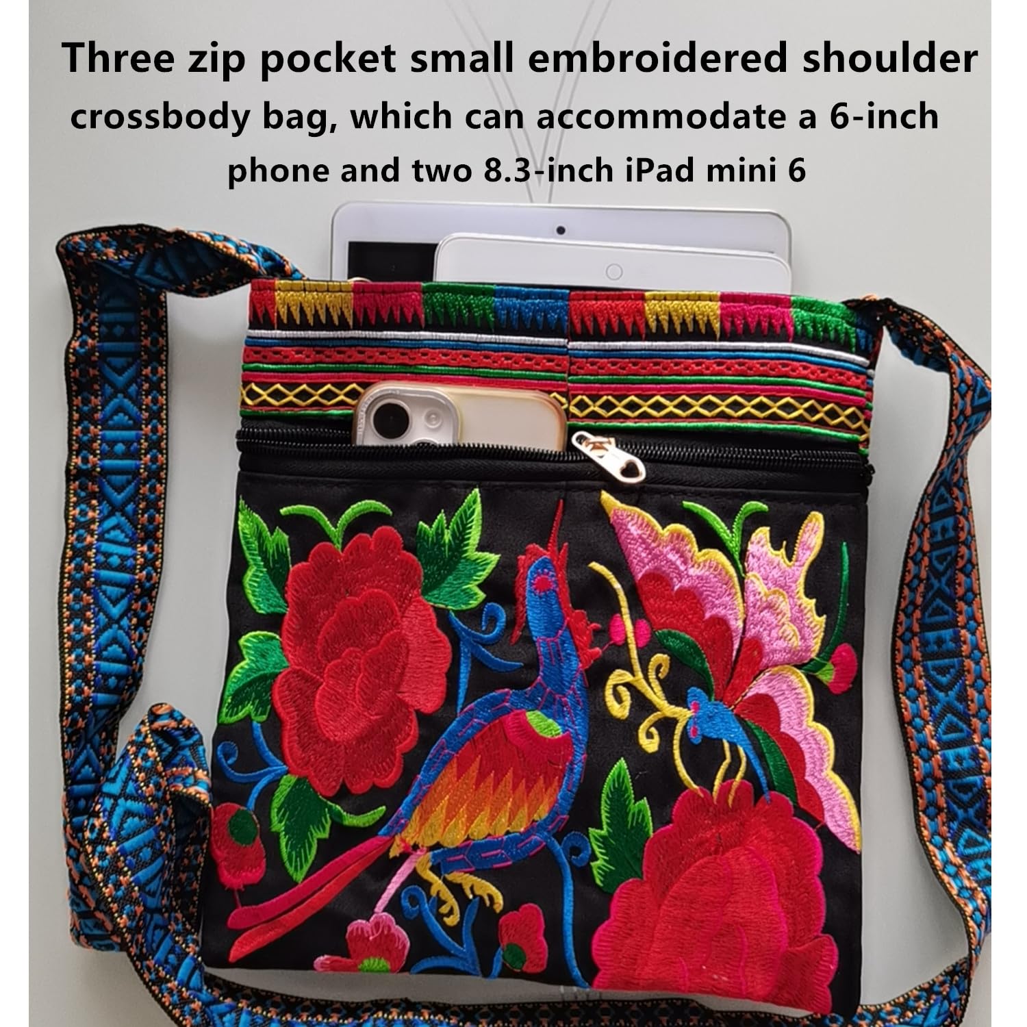 Hobo - Bolso cruzado para mujer, vintage, étnico, tribal, bordado, bohemio, hippie, bolso de hombro, Rojo Flores Aves 3