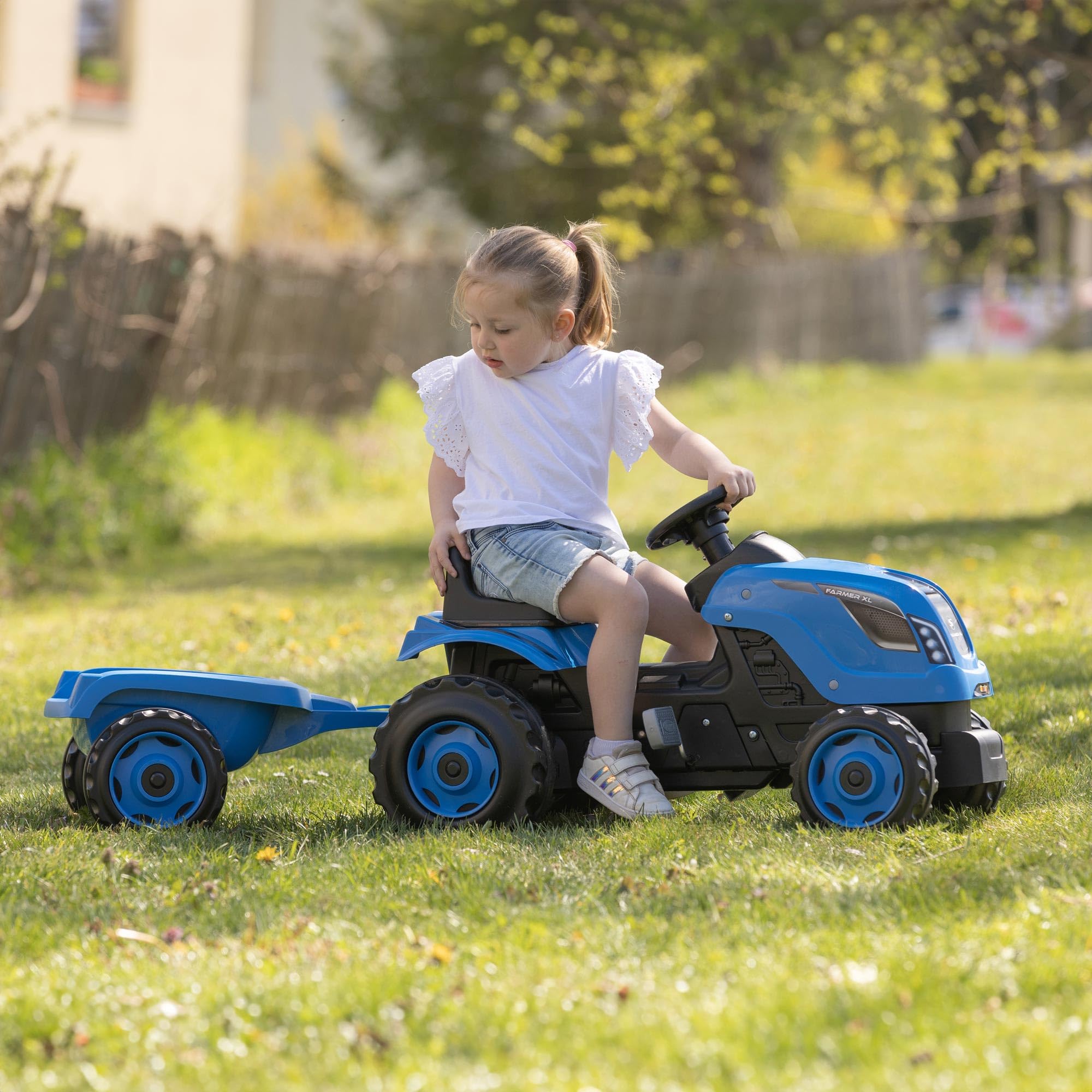 Tracteur à pédales Farmer XL Remorque - Bleu - SMOBY - Siège ajustable - Capot ouvrant - Klaxon - 90% plastique recyclé - Jeux - Jouets