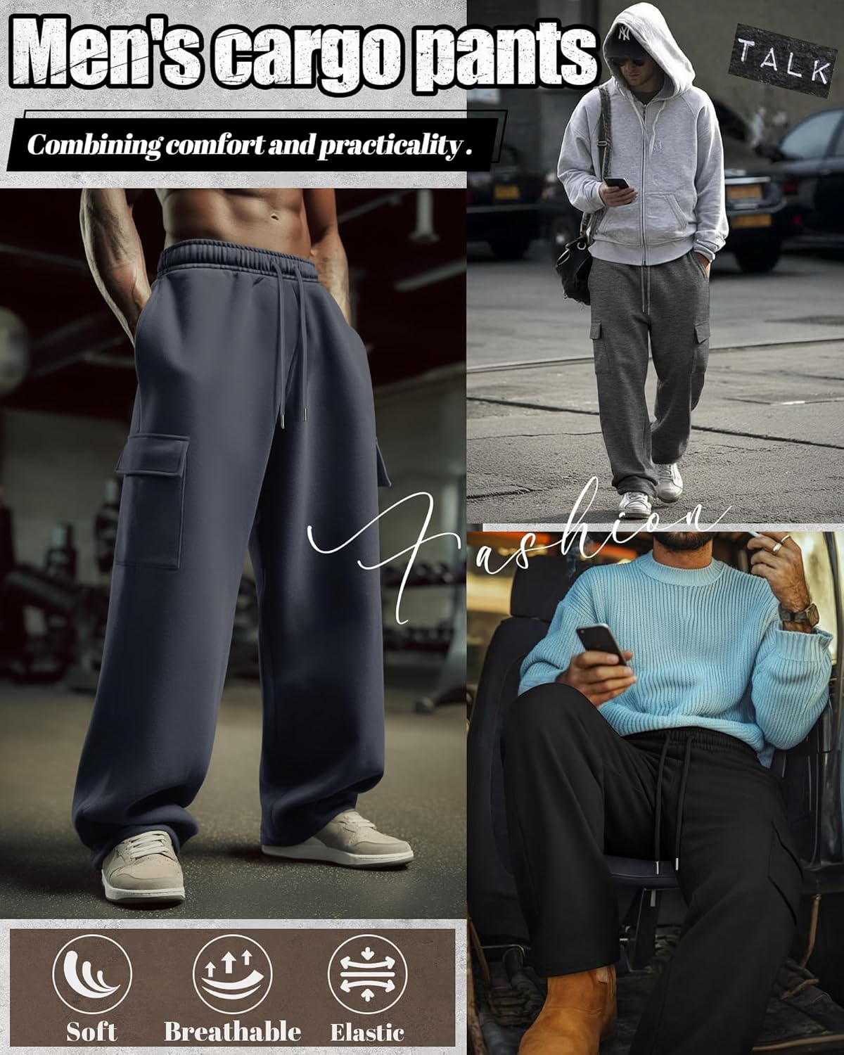 Neer 3 Pack Men's Cargo Sweatpants Athletic Straight Leg Joggers Open Bottom Track Pants Drawstring Lounge Pants with Pockets - Image 3