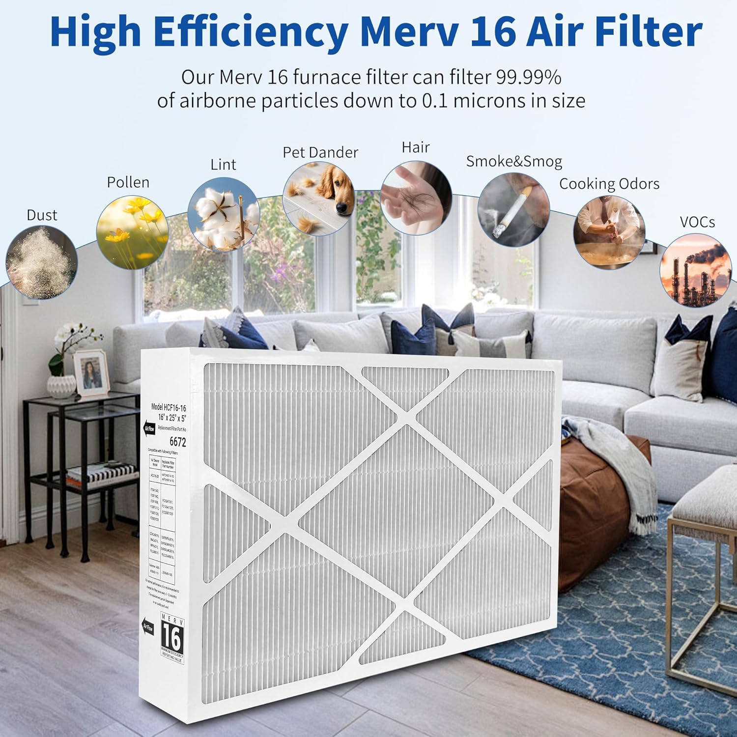 （2 Pack）X6672 16x25x5 MERV 16 Filter Compatible with Lennox X6672 and Lennox HCC16-28 Healthy Climate Carbon Clean MERV 16 Home Furnace Filter for HVAC System, Part Number HCF16-16, HCF16-10