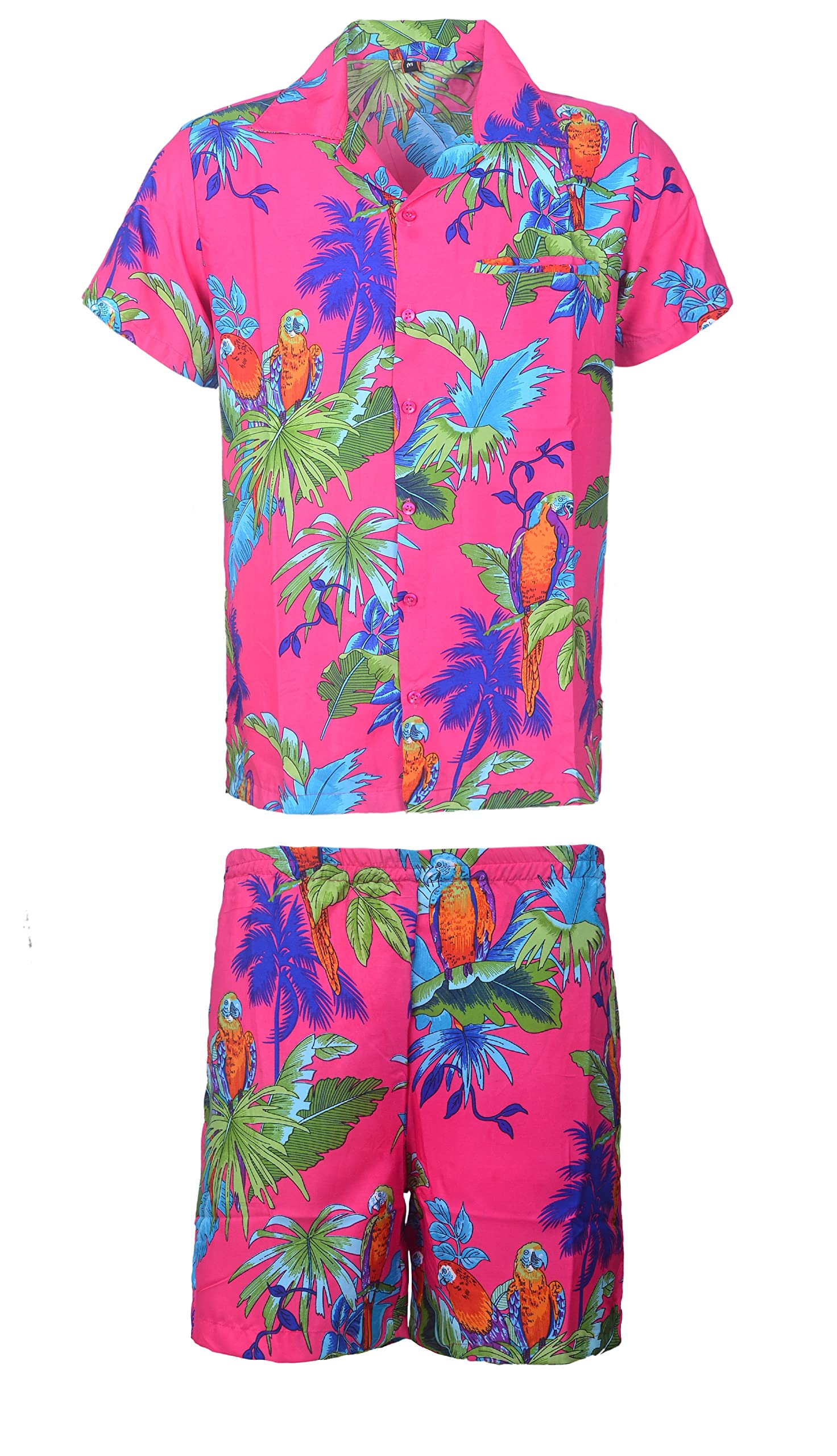 KIKLO Mens Hawaiian STAG Beach Hawaii Aloha Party Summer Holiday Fancy Shirt and Short Set (PI PARROT SET, XL)