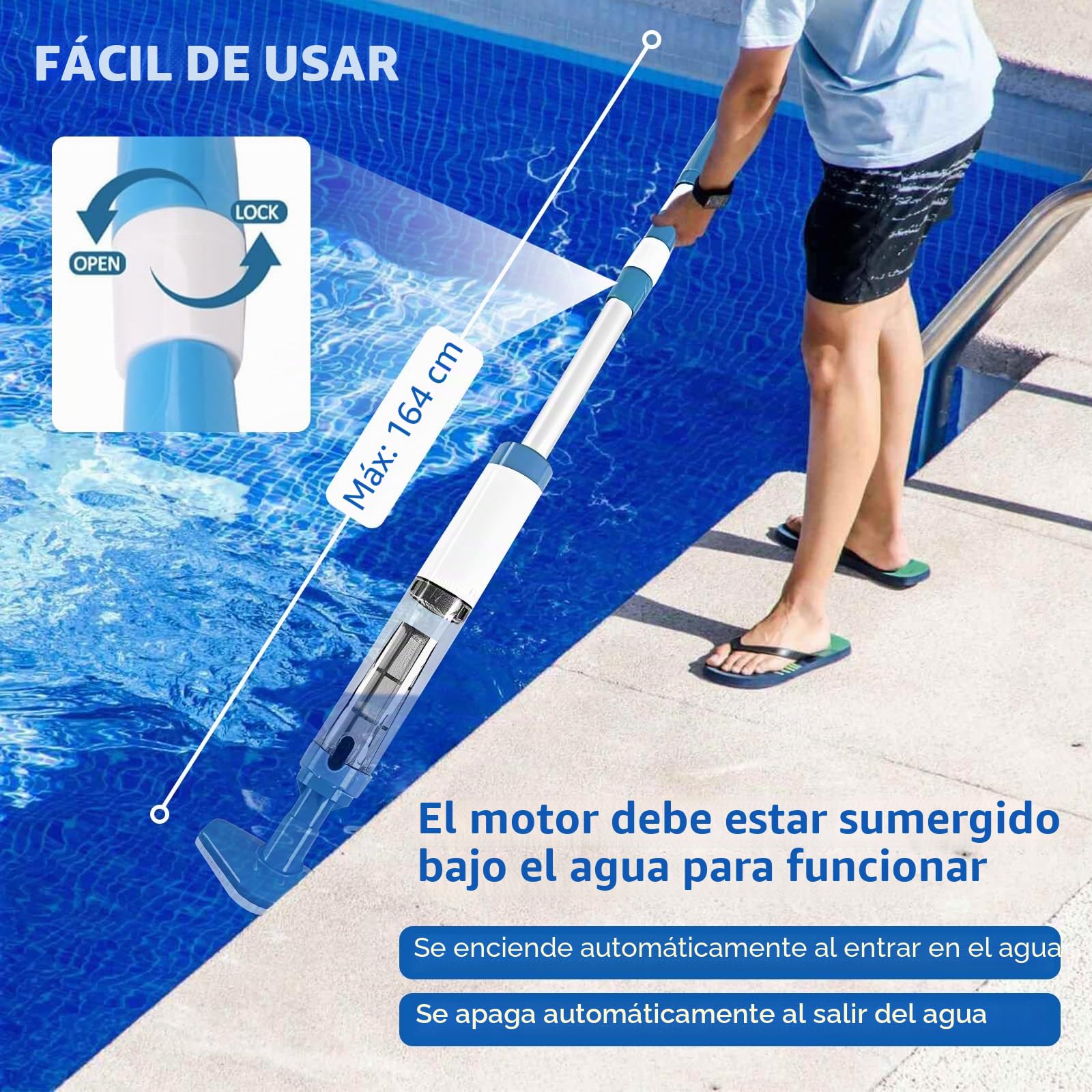 Aspirador de piscina 3 en 1 con batería, aspiradora de piscina con varilla telescópica, aspiradora de mano para piscina, duración de hasta 90 minutos, limpiador inalámbrico para piscinas con filtro