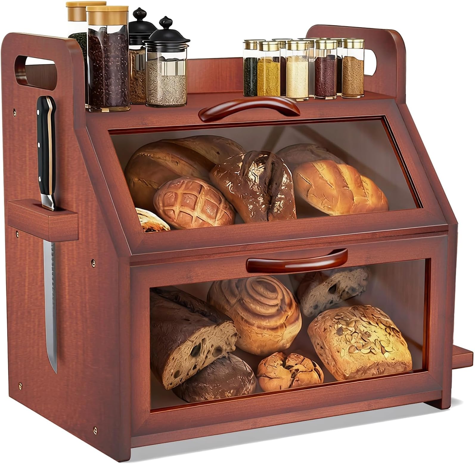 BAMBANG Extra Large Bread Box, Double Layer Bread Box for Homemade Bread, Bamboo Wooden Bread Storage Container with Tool Holder & Handles & Window, Assembly Required(14.9" x 11" x 15.3") Brown