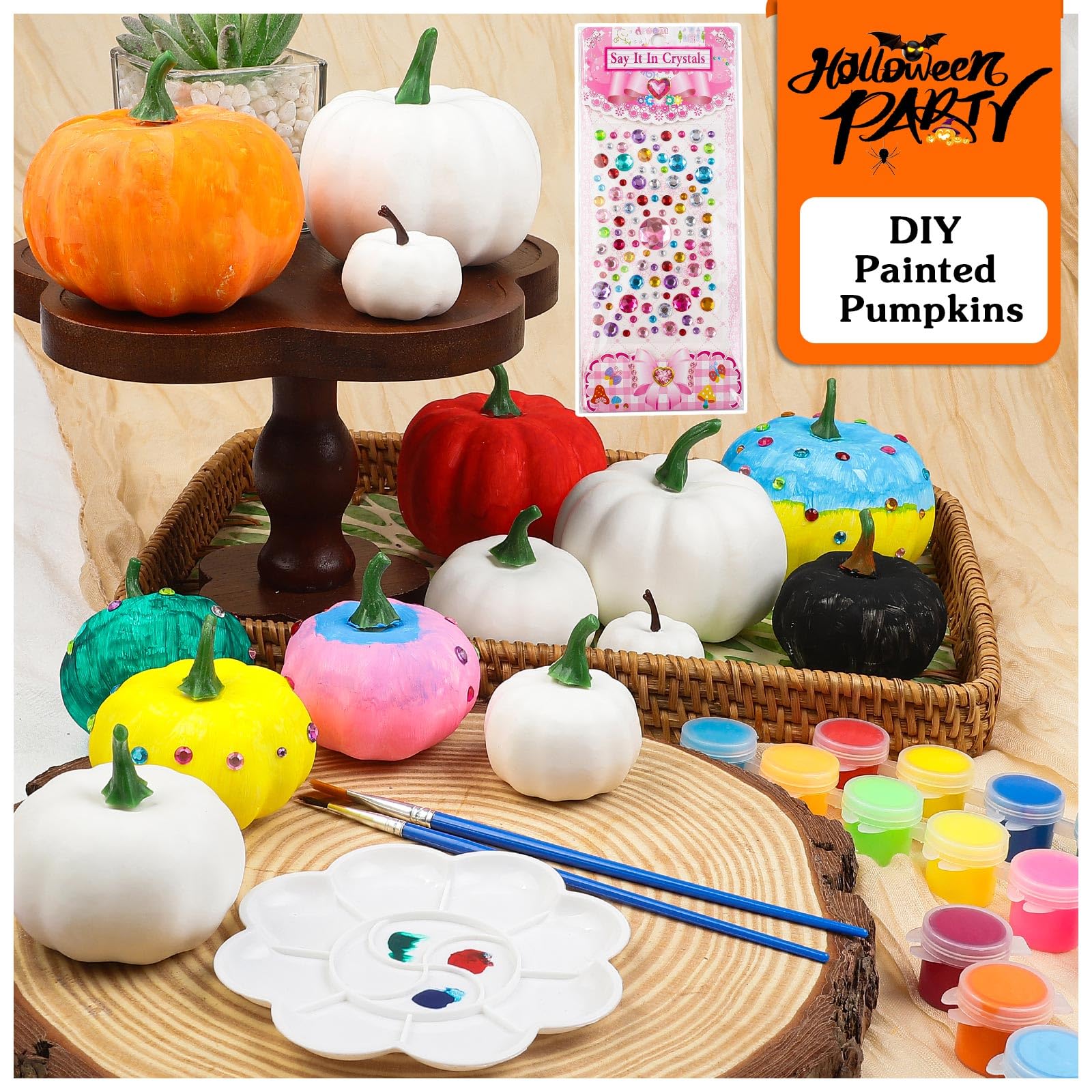 Fangoo 20 Piezas 4 Tamaños Calabazas Blancas Artificiales con Pigmento Pinceles Paleta de Clores Pegatinas Decorativas para Decoraciones de Halloween Accesorios Fotográficos