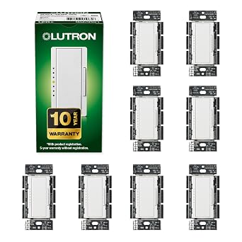 Lutron Maestro LED+ مفتاح باهتة لمصابيح LED عكس الضوء، الهالوجين والمصابيح المتوهجة، 150 واط/قطب واحد أو متعدد المواقع، MACL-153 M-WH، أبيض 8-حزمة