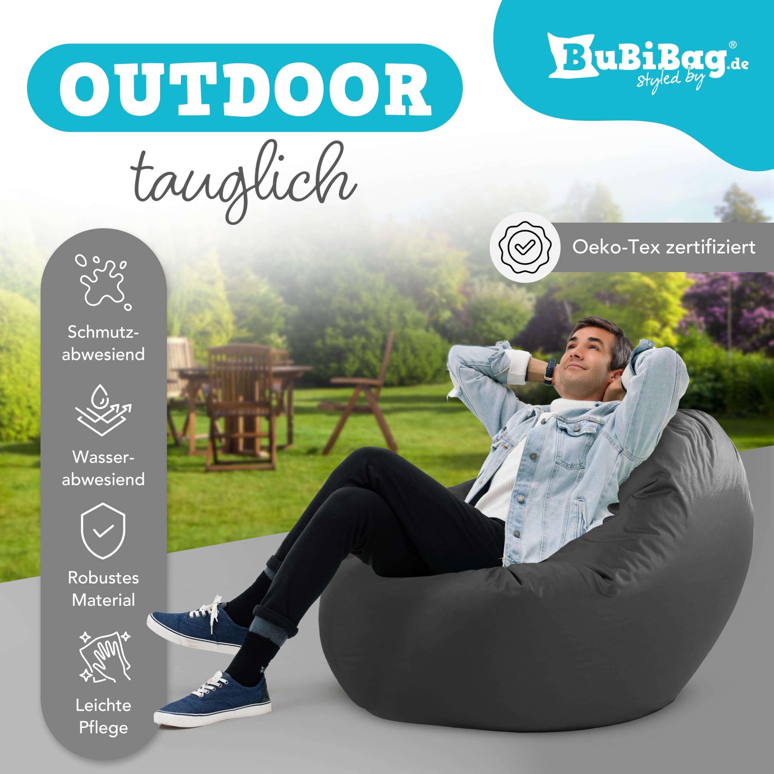 BuBiBag 2in1 Sitzsack L - XXL mit Füllung für Kinder & Erwachsene, Gaming Beanbag & Bodenkissen für Indoor & Outdoor Sessel Pflegeleicht & Wasserabweisend XL UNIVERSELL (Ø 130 cm Anthrazit)