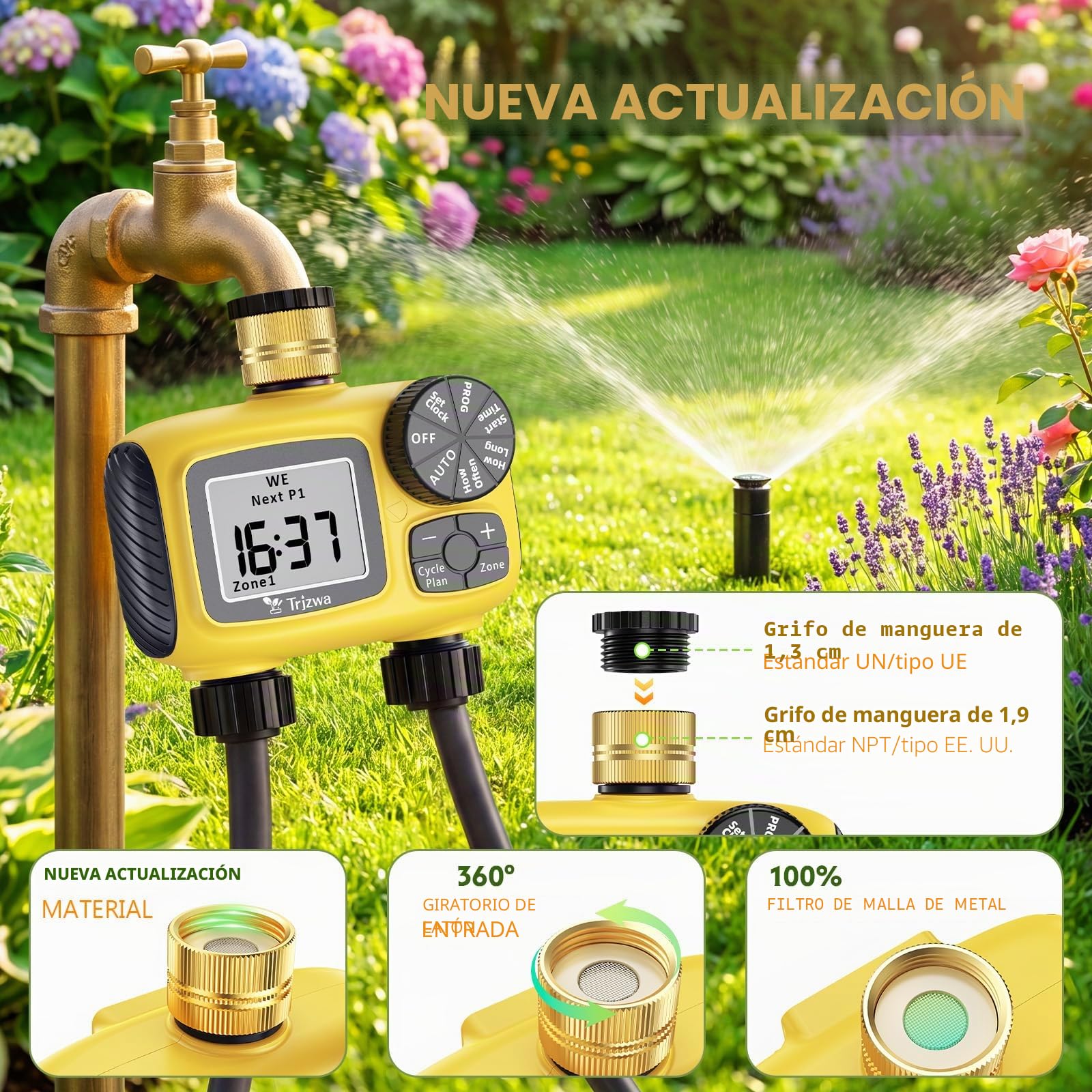 Ordenador de Riego con 2 Salidas, Riego por Goteo Programable con Entrada de Latón,Riego Automático con Temporizador, IP55, Resistente al Agua,Sistema de Temporizador de Riego Digital