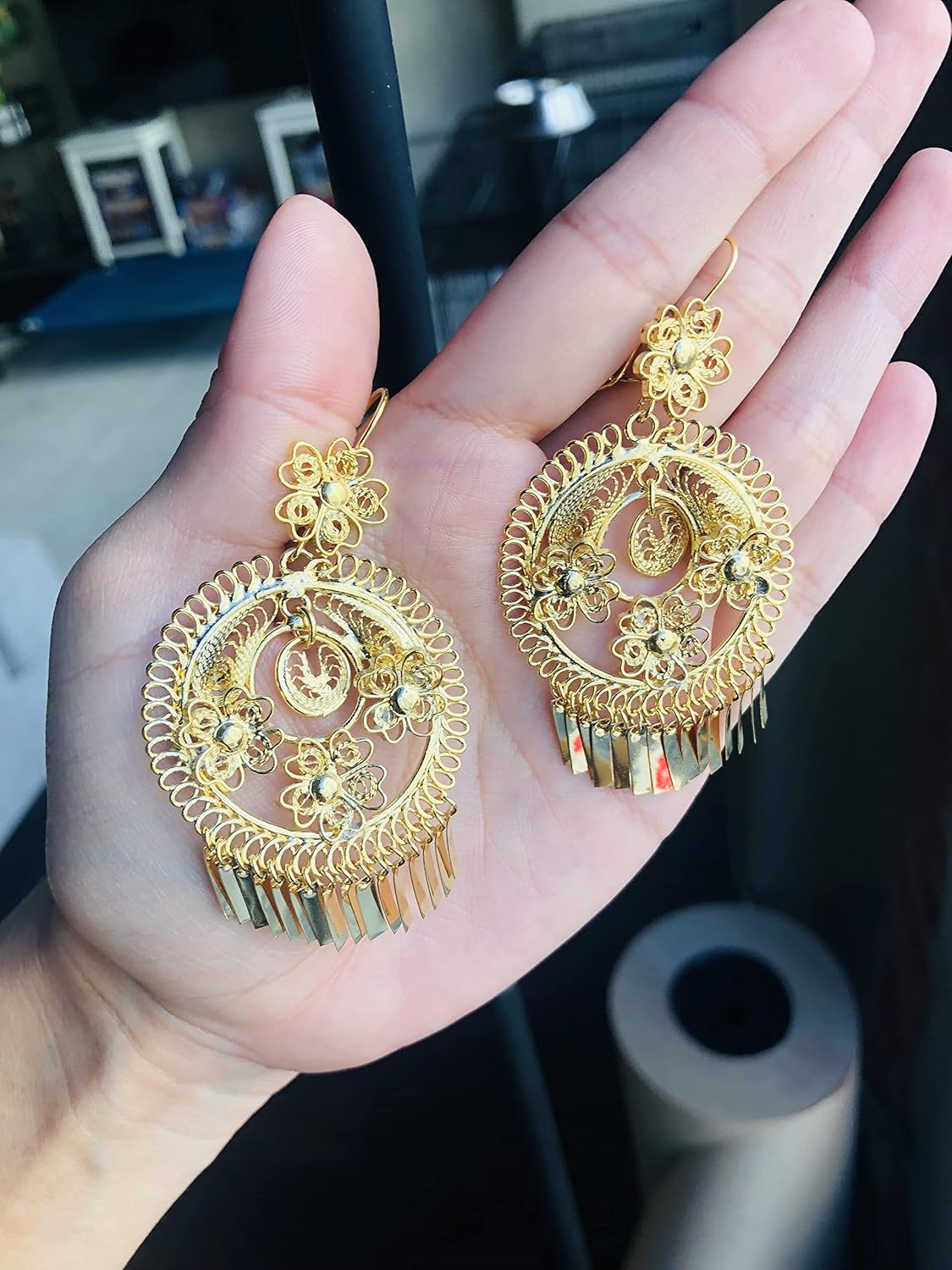 Folklorico Dance Earrings - Traditional Mexican Gold Filigree Design, 3-Flowers, Day of the Dead